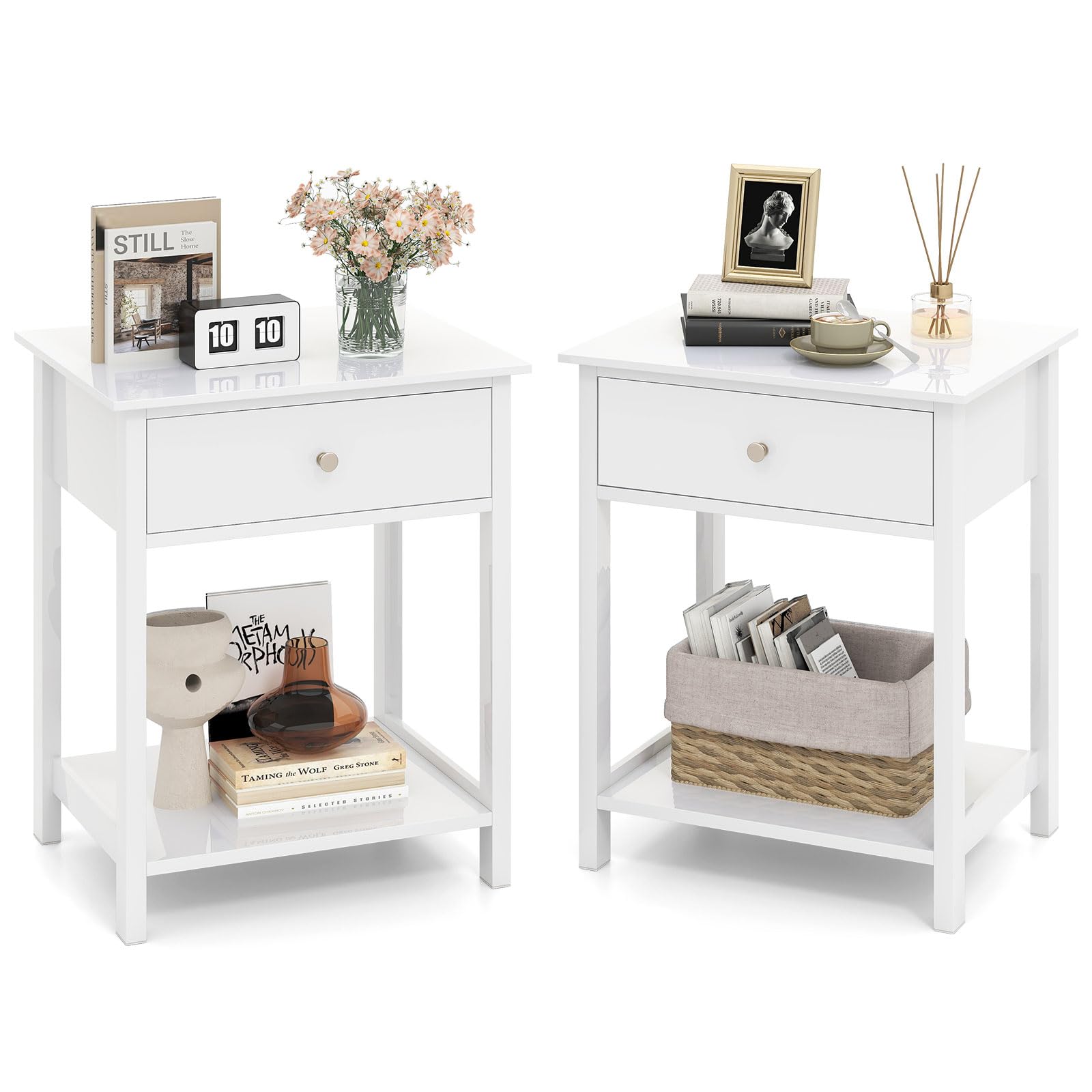 COSTWAY Bedside Tables, Wooden Nightstand End Sofa Side Table with Drawer and Open Shelf, Modern Accent Bedside Cabinet Storage Unit for Small Space, Living Room, Bedroom (2PCS, White)