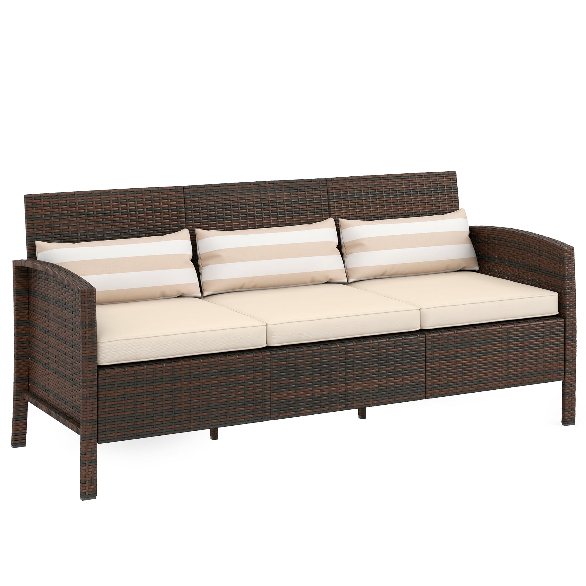 Outsunny Rattan Sofa mit Kissen, Dreisitzer, Garten Loungesofa, Stahl, Braun, 173 x 68 x 78 cm