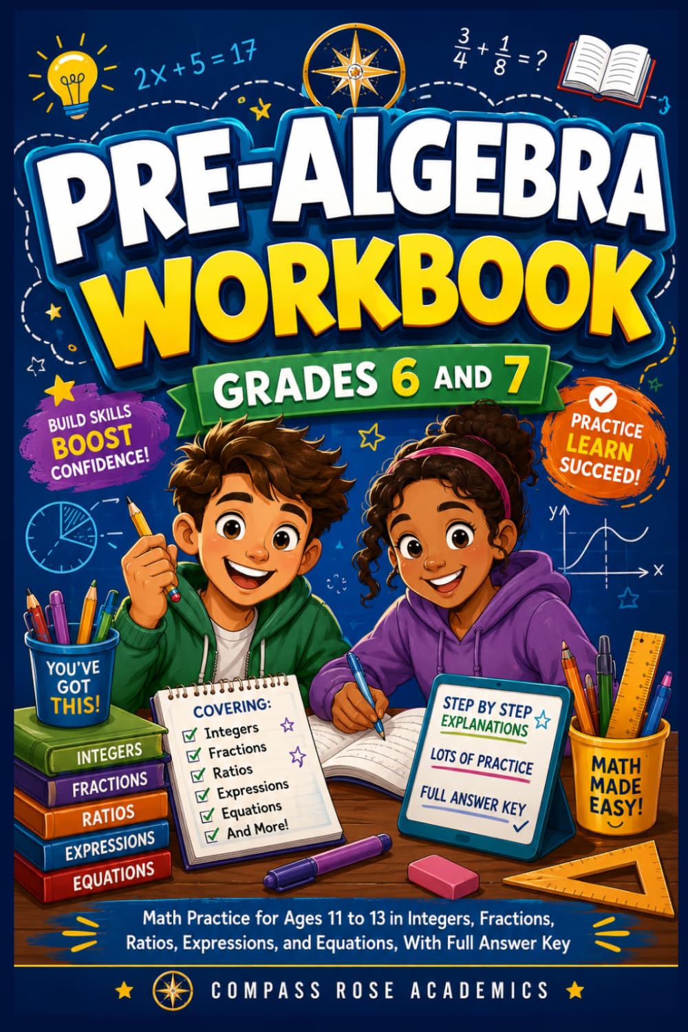 PRE-ALGEBRA WORKBOOK for GRADES 6 - 7: Math Practice for Ages 11 to 13 in Integers, Fractions, Ratios, Expressions, and Equations, With Full Answer Key