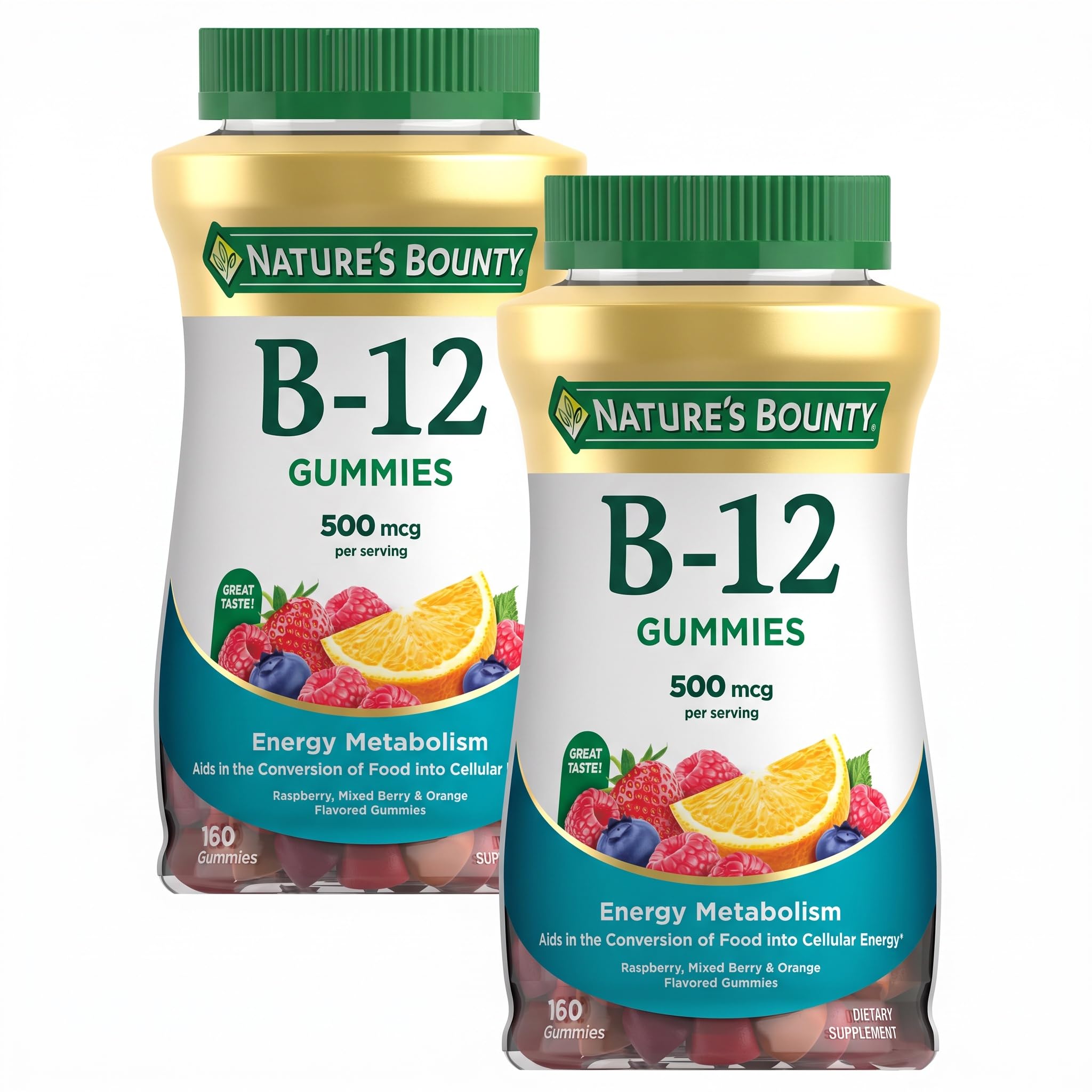 Nature's Bounty Vitamin B12 Gummies, Dietary Supplement, Supports Energy Metabolism and Nervous System Health, Mixed Berry Flavor, 500mcg, 160 Count (Pack of 2)