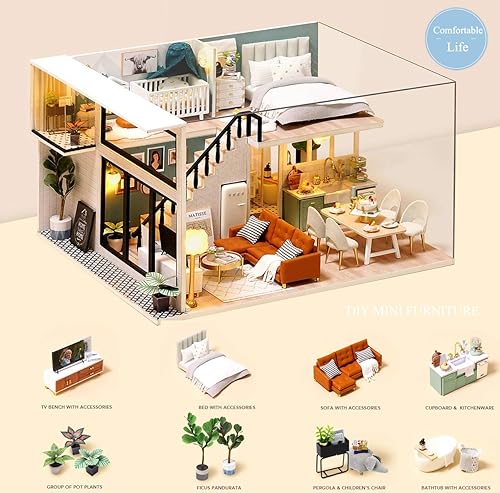 Miniatura 2 de Spilay Casa de muñecas en miniatura con muebles de madera, kit de casa de muñecas con prueba de polvo y movimiento musical, escala 124, idea