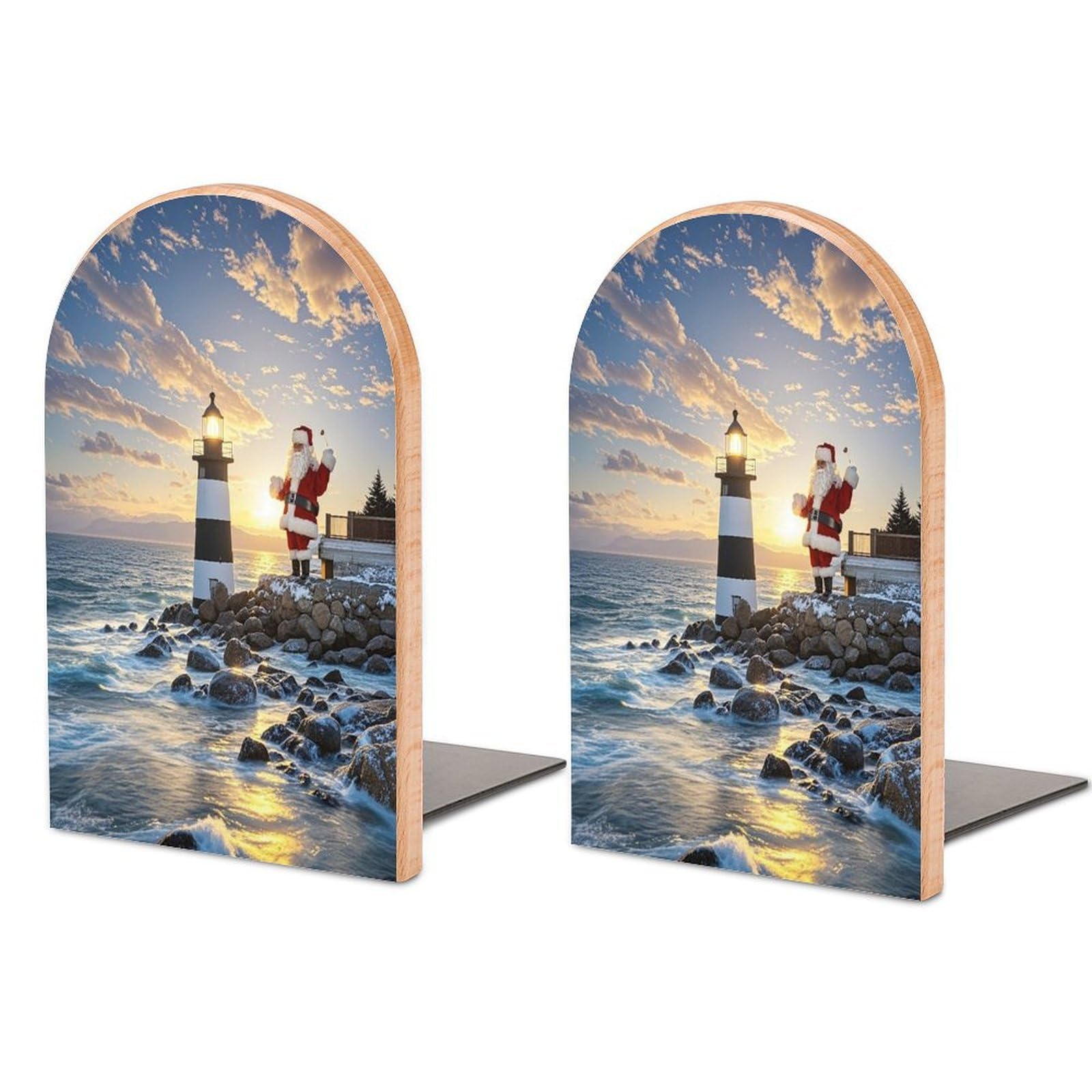 Santa Claus Lighthouse Book Ends Wood Non-Skid Bookend for Shelves Heavy Duty Bookends with Metal Base Decorative Books Stopper Desk Organizers Book Dividers for Office Home 1 Pair