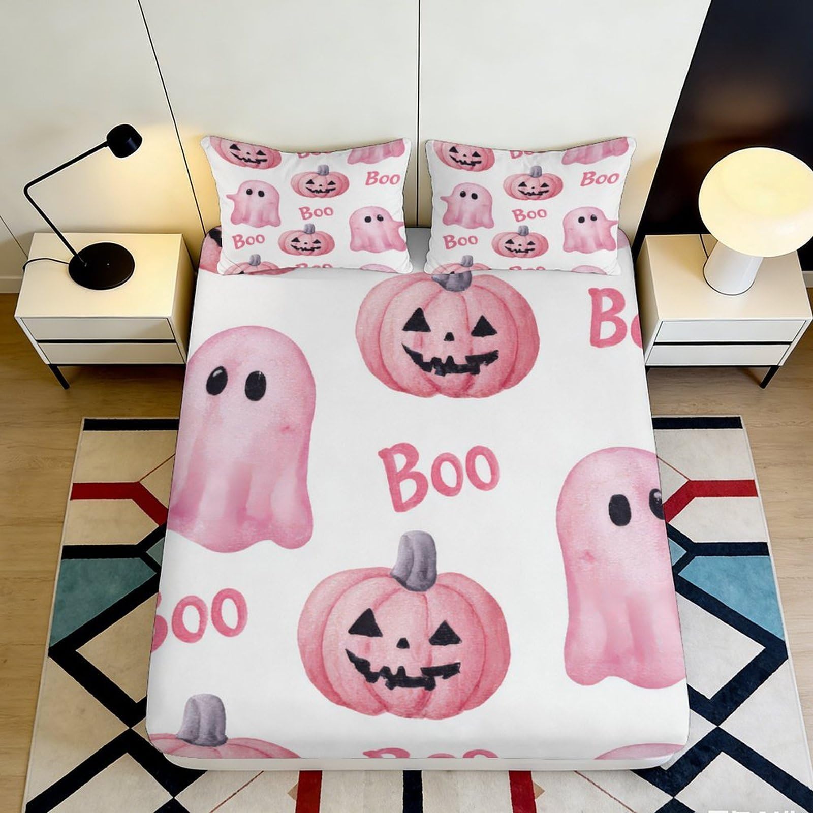 3D Printed Halloween Pumpkin Ghost Fitted Sheet Microfiber Soft Breathable Boo Bed Cover for Dormitory Guest Room Mattress Protection Decor 140x200x25cm