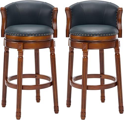 Miniatura 9 de CozyRain Taburetes de bar de madera de goma, taburete de bar tapizado de cuero con respaldo y reposapiés para el hogar, cocina, mostrador, comedor