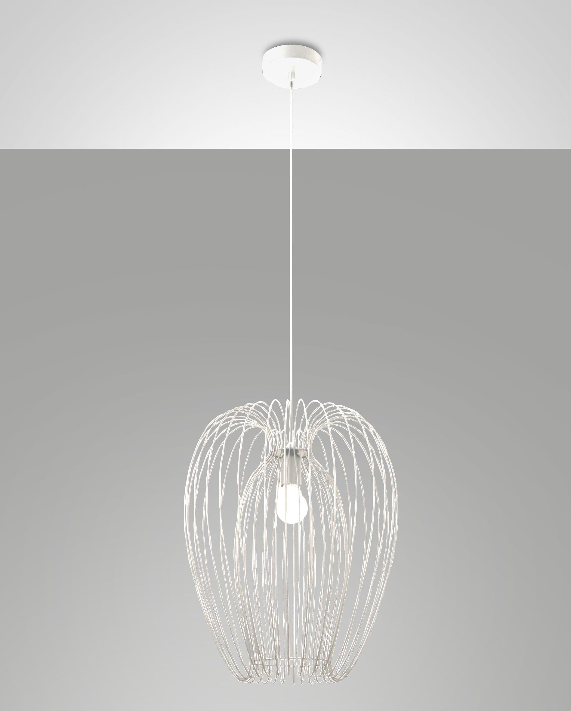Modern industrial design country style pendant light, metal frame, white colour, E27 socket, ideal for indoor lighting.