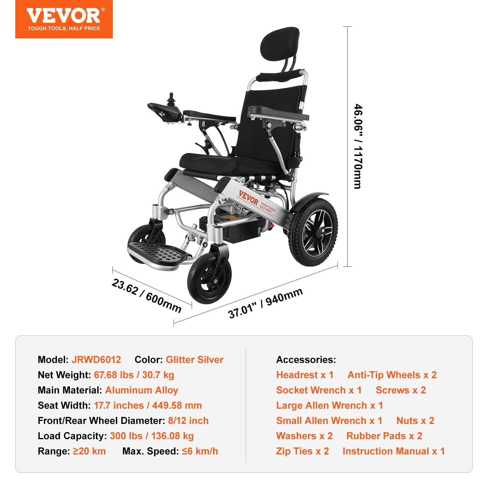 VEVOR Sedia a Rotelle Elettrica, Capacità Carico 136,08 kg, Sedia a Rotelle Motorizzata Pieghevole Leggera Larghezza 449,58 mm, Sedia per Tutti i Terreni Lega Alluminio, Schienale Regolabile