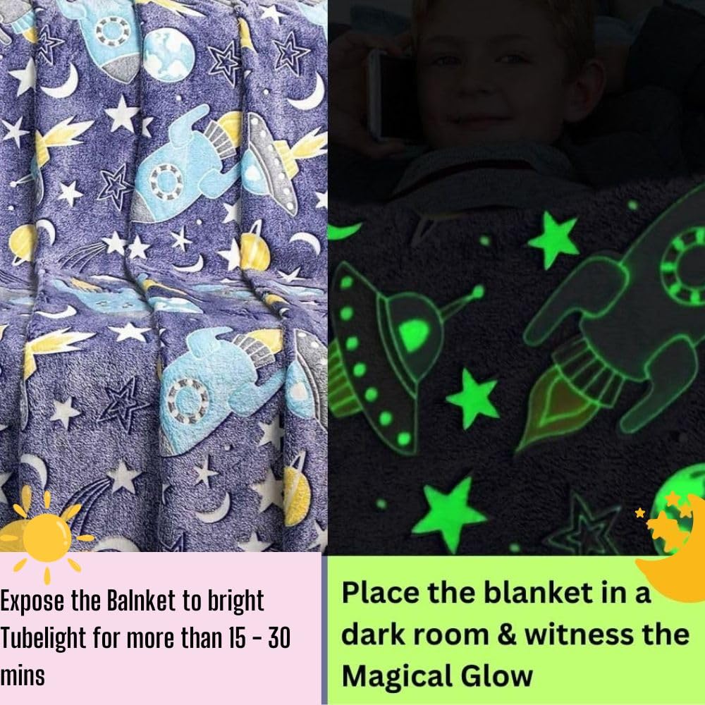 Happy Hues Rocket & UFO Glow in The Dark Blanket-200 x 150 cm- Super Soft Fluffy Flannel Fleece All Season Blanket for Babies-Toddlers-Kids & Teens Boys & Girls- Best Gifting Ideas for 0-15 Years 2