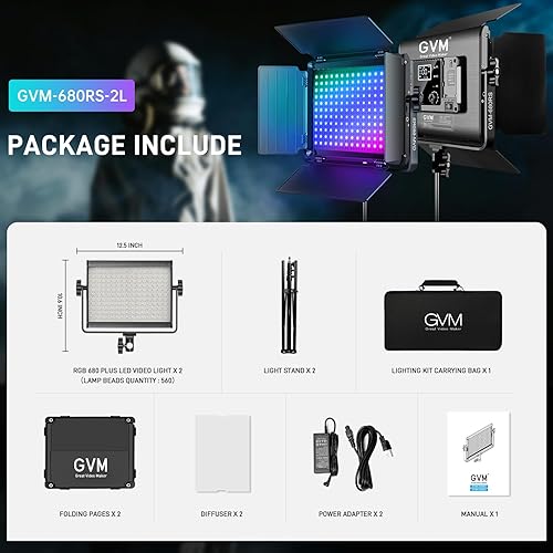 Miniatura 8 de GVM - Luz de video LED RGB con kits de iluminación 680RS 50W LED con control Bluetooth 2 paquetes de iluminación de fotografía para estudio de