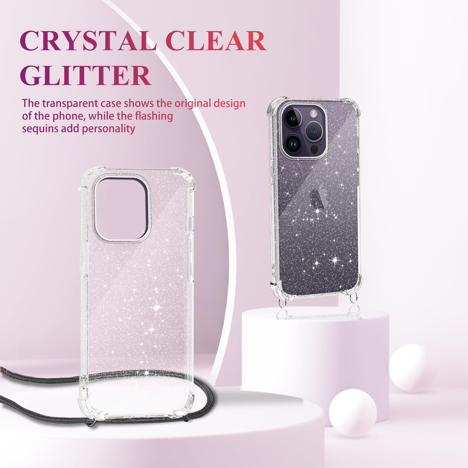 IPhone 14 Pro Max Hülle Mit Band – Transparente TPU Hülle + Verstellbare Umhängekette, Schwarz