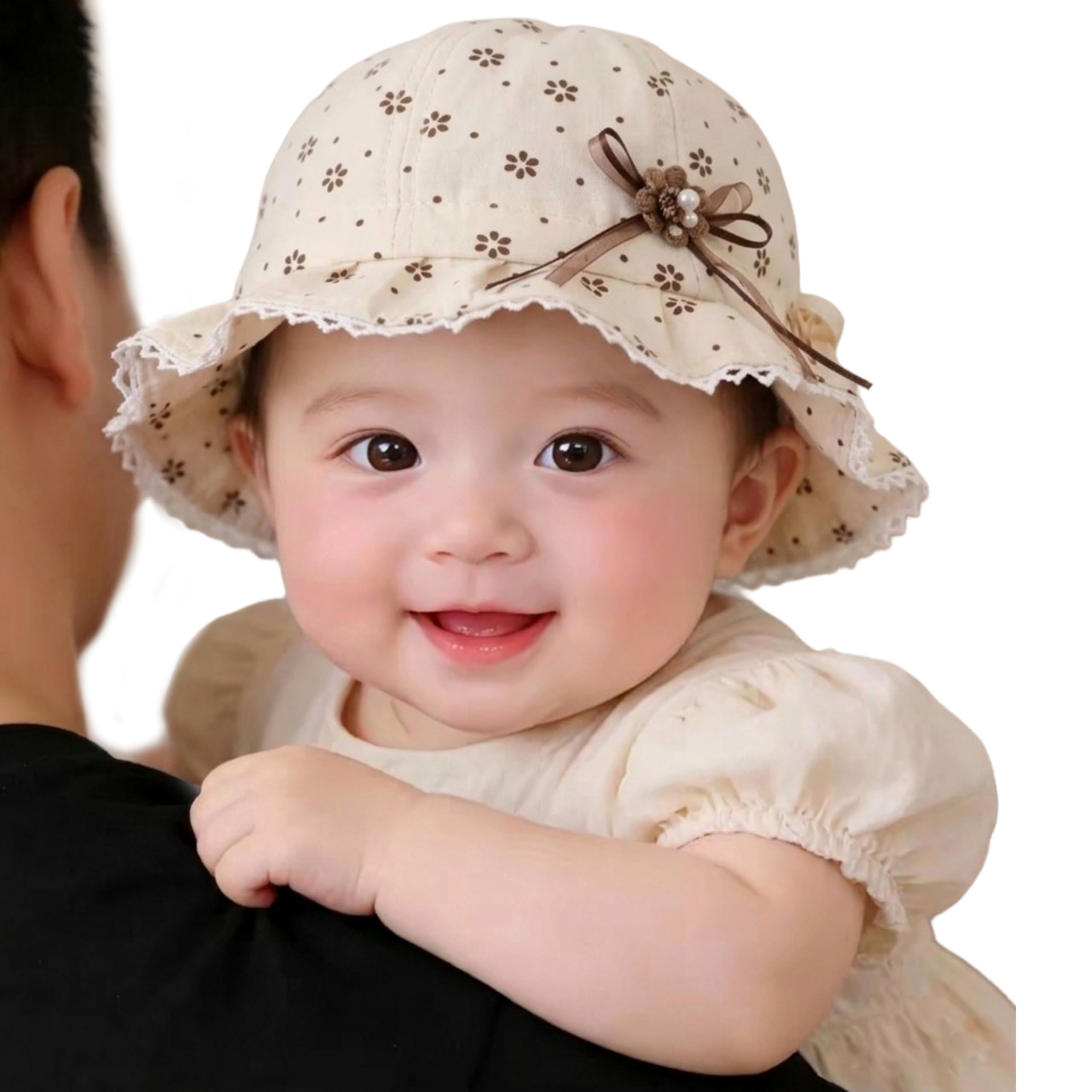 Baby Girls Bucket Hat Floral Print Soft Cotton Sun Hat Wide Brim Lace Trim Adjustable Drawstring Cute Bow Pearl Breathable 40-46cm (3-12 Months)-image-4