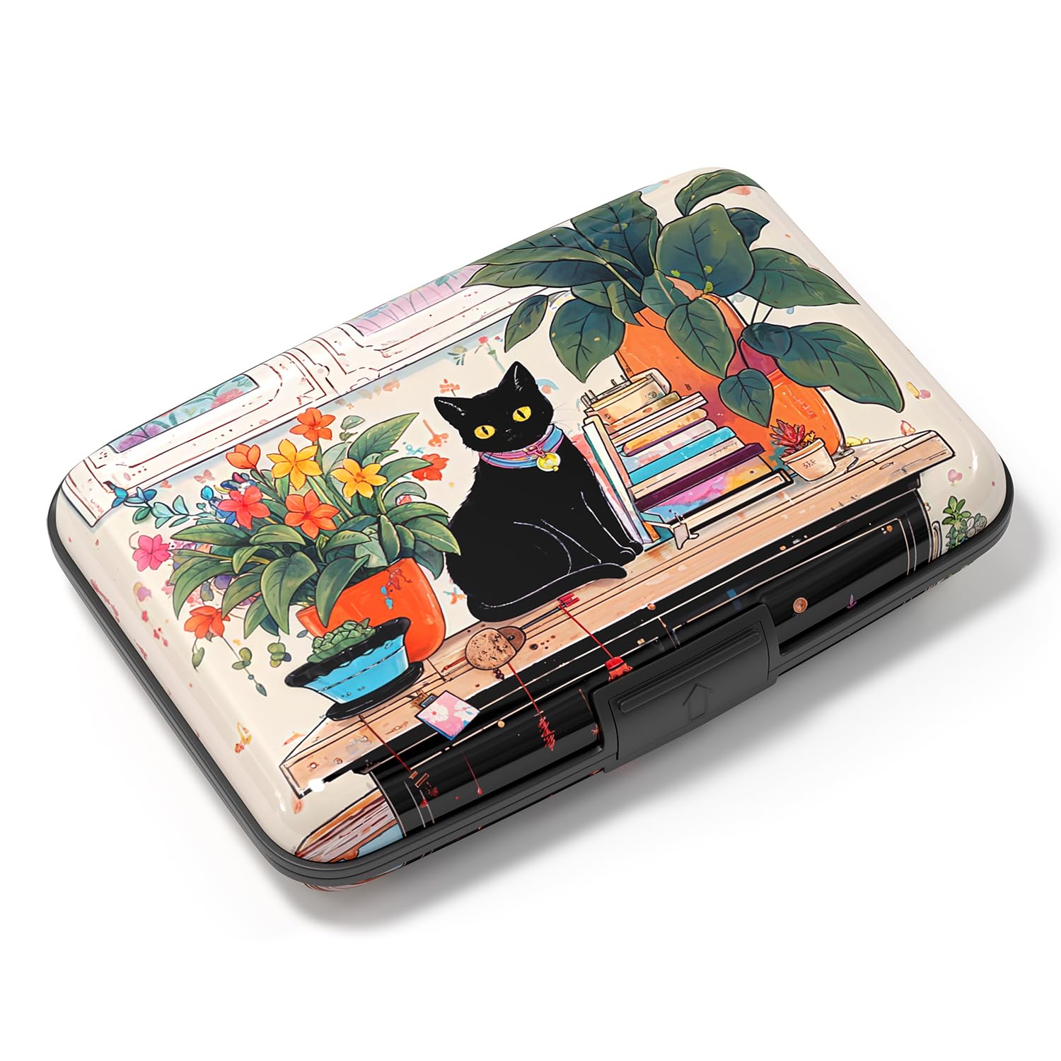 Atufsuat Credit Card Holder, Mini Aluminum Card Wallet RFID Blocking Slim Metal Hard Card Case for Women Men, Cat on Closet