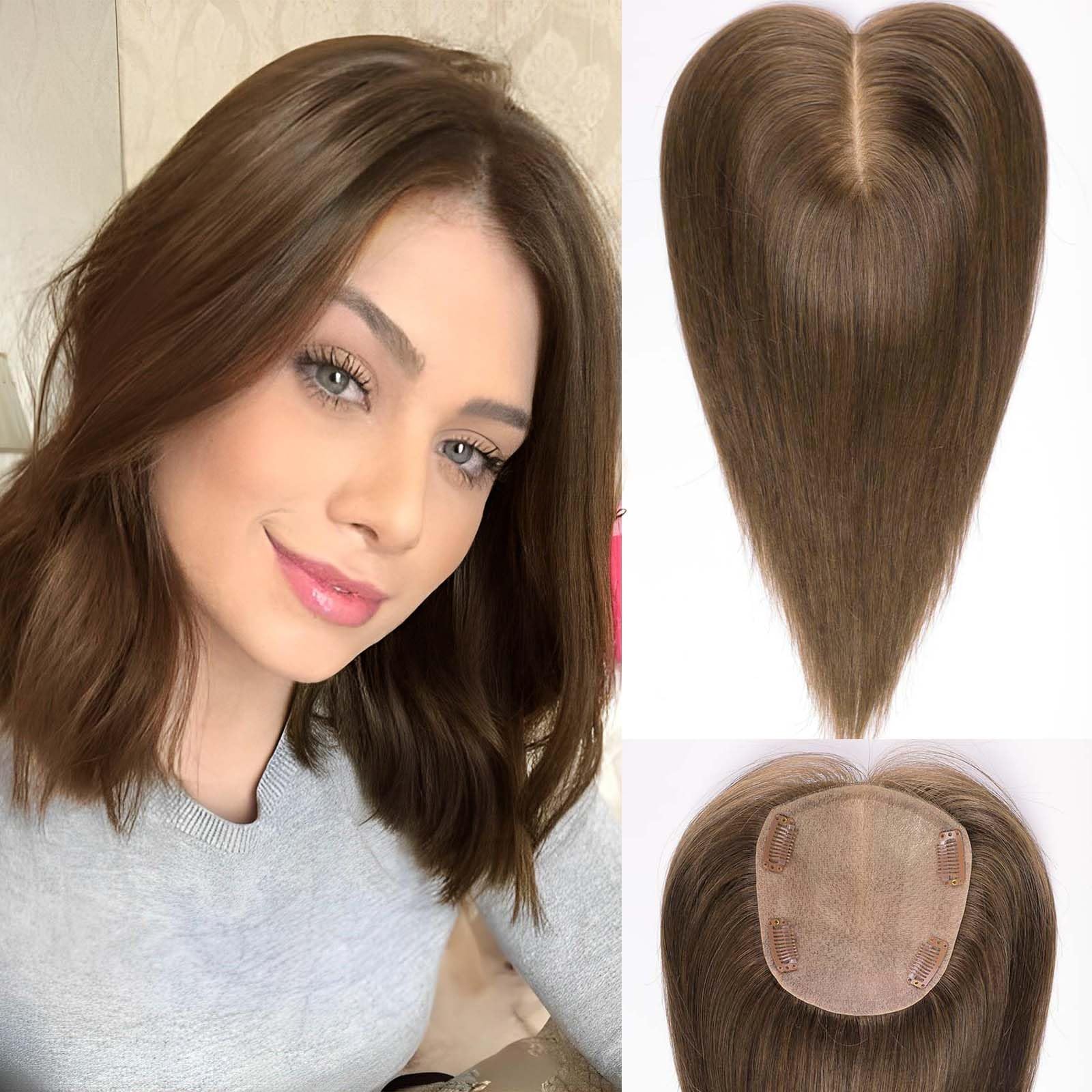 HAIRCUBE Tapa de Cabello 5"*5.5" Base para Mujeres, 14 Pulgadas castaño medio, Tapa de Cabello 100% Cabello Humano Real sin Flequillo para Mujeres con Cabello Ralo