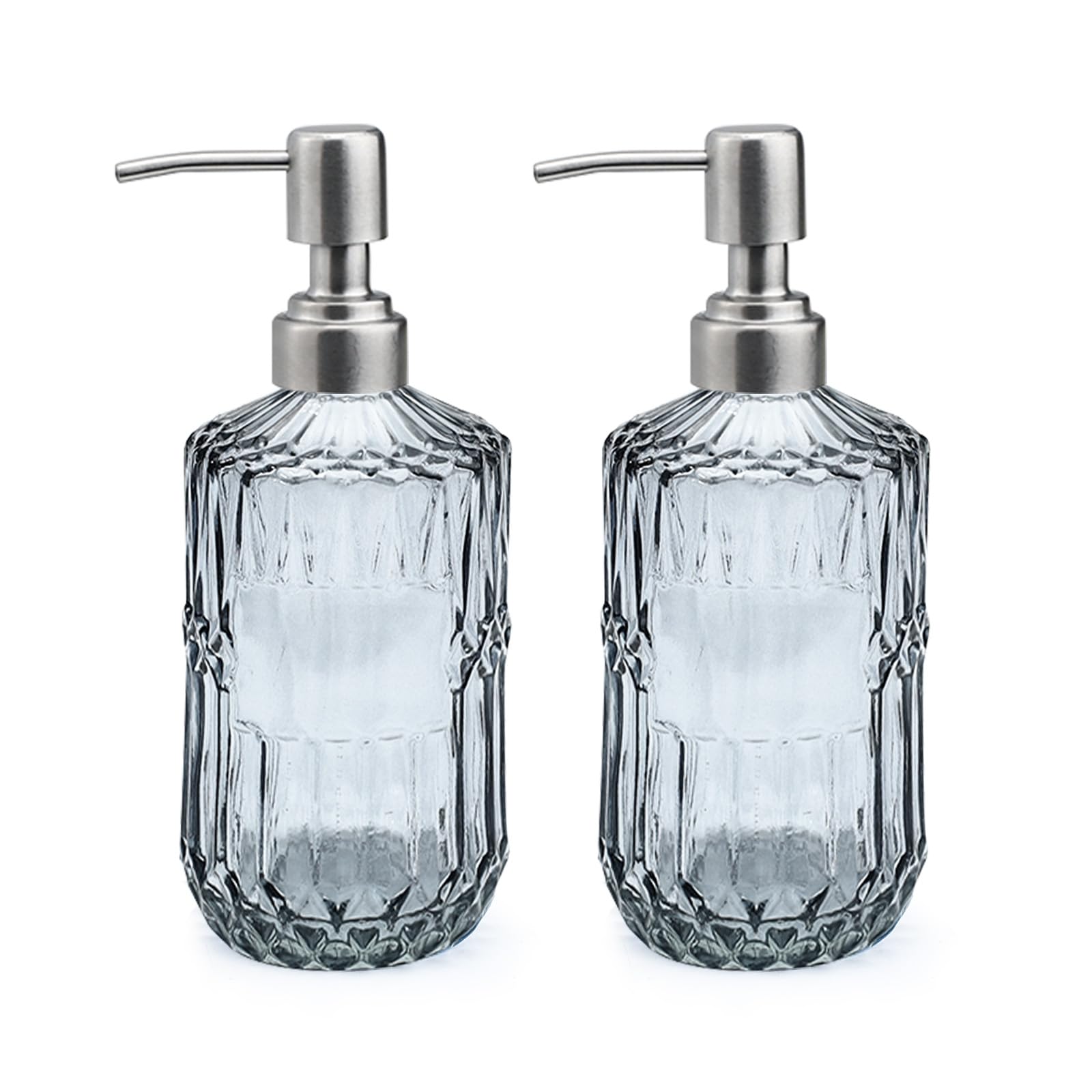 2 dispenser di sapone in vetro con pompa in acciaio inossidabile, 450 ml, vintage, ricaricabile, set per bagno, cucina, sapone per le mani, sapone per piatti, lozioni (grigio)