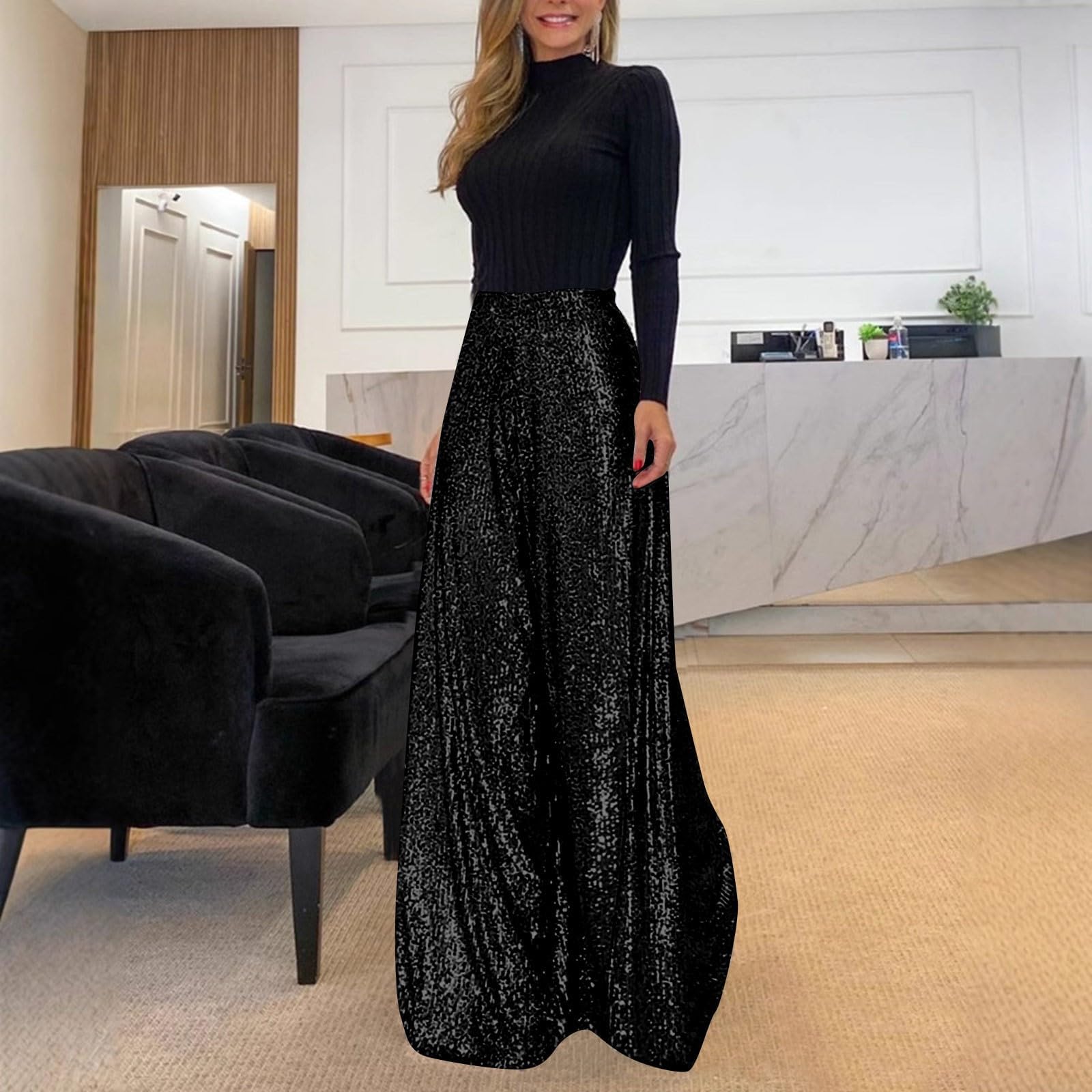 Pantalon à paillettes pour femme - Large taille haute - Plissé - Pantalon Palazzo décontracté - Pantalon Marlene - Coupe ample
