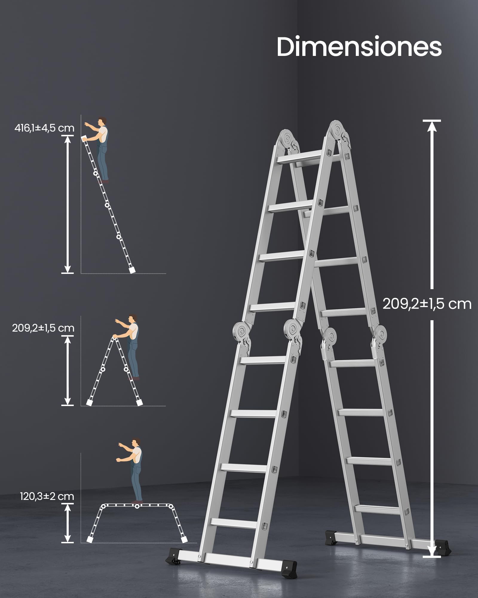 SONGMICS Escalera de Tijera, Escalera de Aluminio, Doméstica, 4 x 4 Peldaños, Carga de 150 kg, 16 Peldaños, Diseño 6 en 1, 430 cm de Largo, Plata GLT046E01