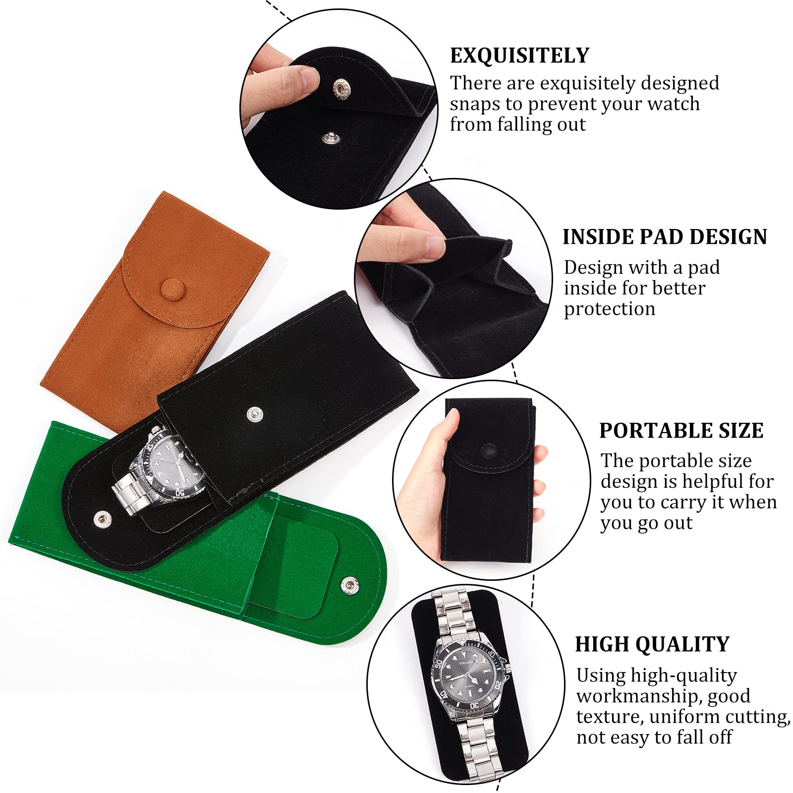 NBEADS 6pz Custodia per Orologio In Velluto, Custodia Da Viaggio Portatile per Orologio Singolo Custodia per Orologio Borsa Regalo di Lusso con Bottone A Pressione per Gioielli, Nero, 13x6.7cm