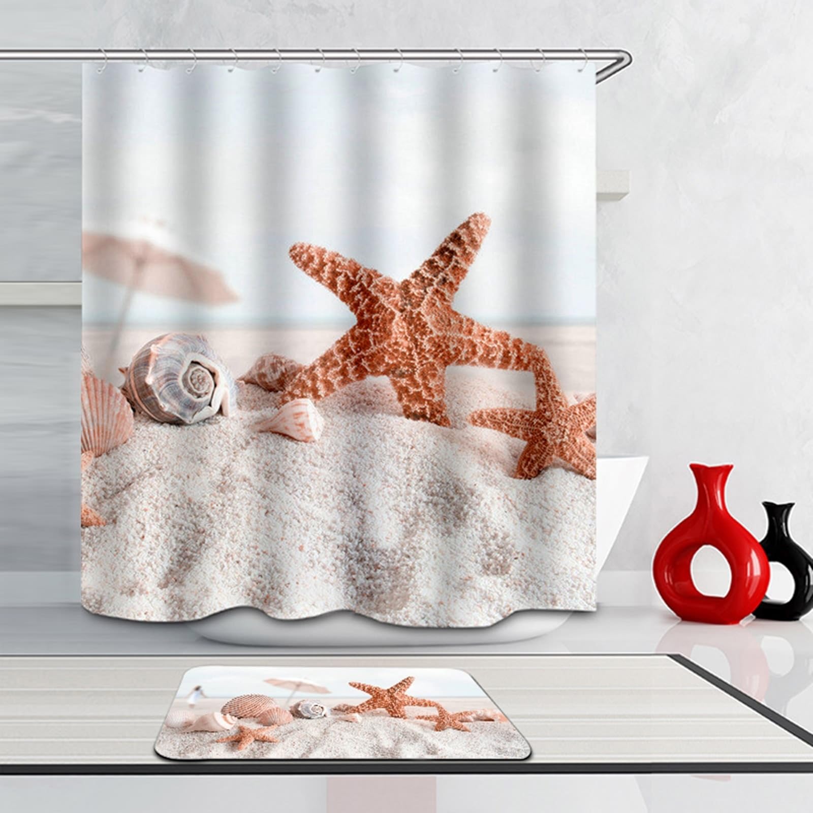 Cortina de ducha de 180 x 200 cm, textil blanco y marrón, doble estrella de mar, diseño de concha de playa, antimoho, cortina de baño de poliéster, resistente al agua, lavable, cortinas de