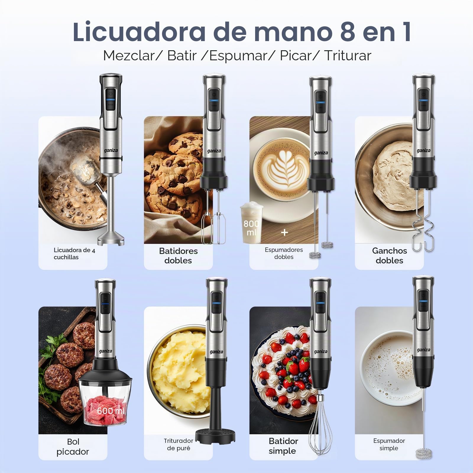 Ganiza Batidora de mano eléctrica 10 en 1, potente batidora de 1200 W con control de velocidad y botón TURBO, Multifunción picadora con doble espumador de leche, para preparar salsas y batidos