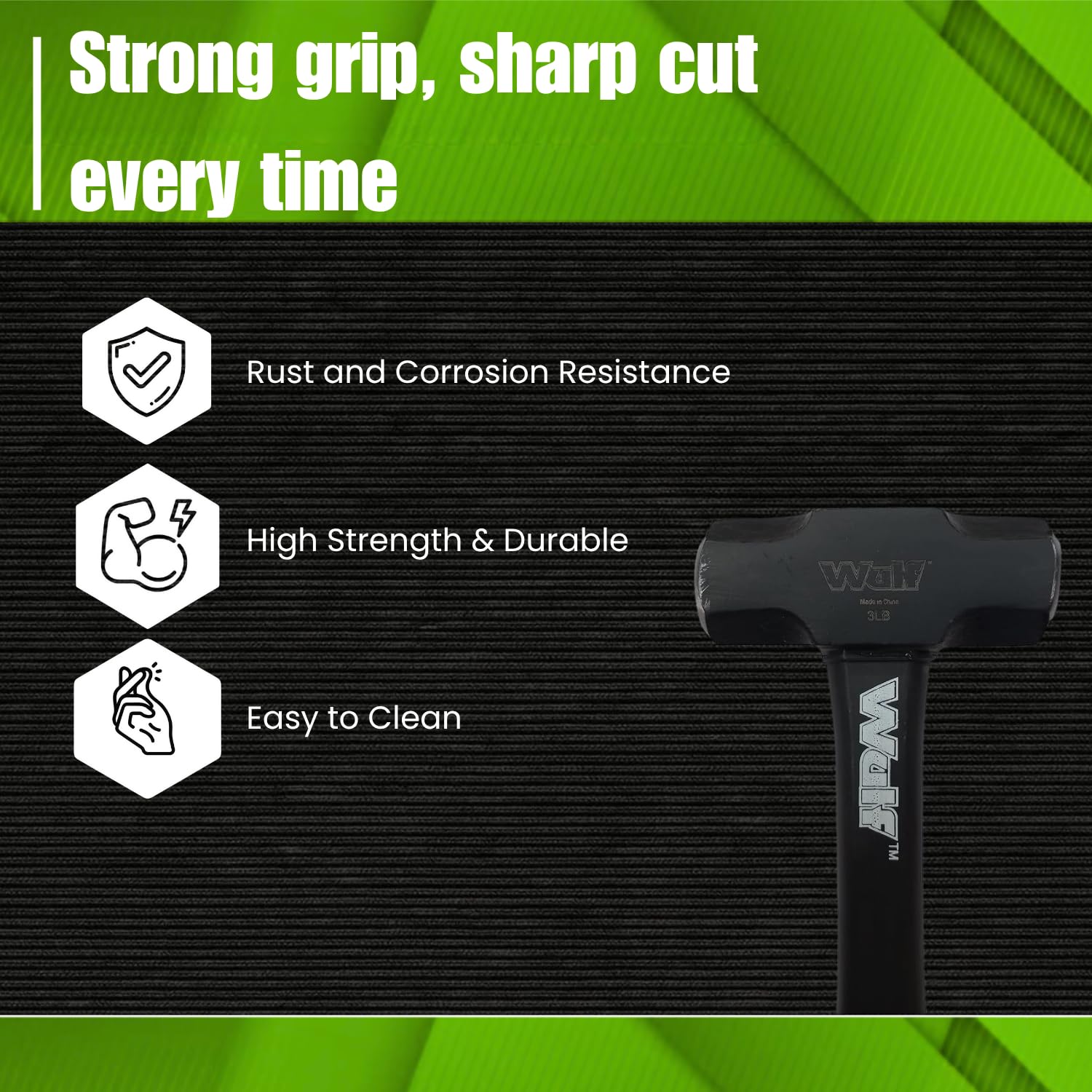 WULF 1400g (3LB) Heavy Duty Sledge Hammer | Forged Steel Head with Shockproof Fiberglass Handle | Anti-Slip Grip for Demolition, Construction & DIY (Black & Green) 3