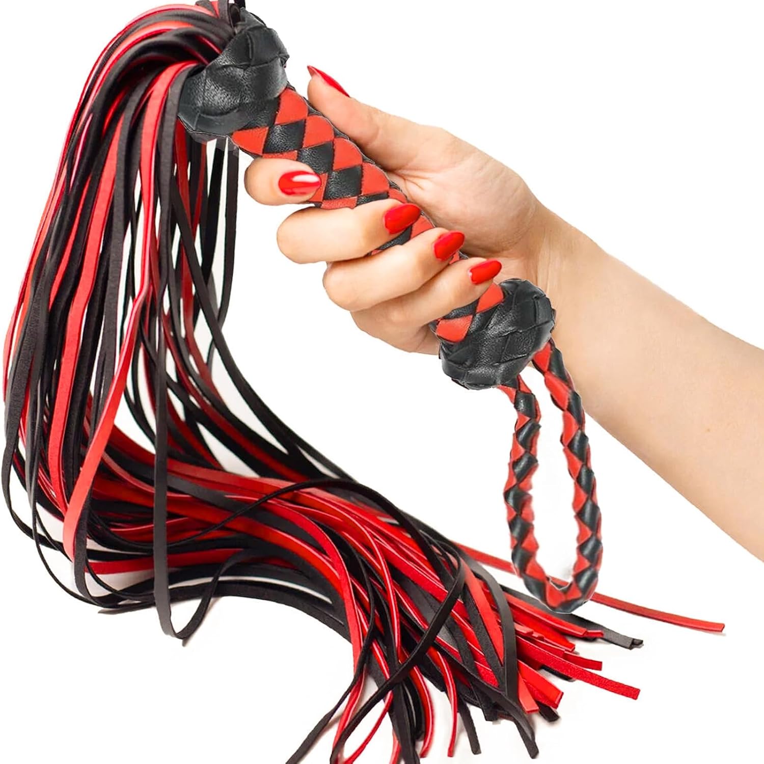 Sex BDSM Whips, BDSM Flogger Whip, 23 in Faux Leather BDSM Whip, Bondage Whip Toys for Women Adult Couples (Red & Black)