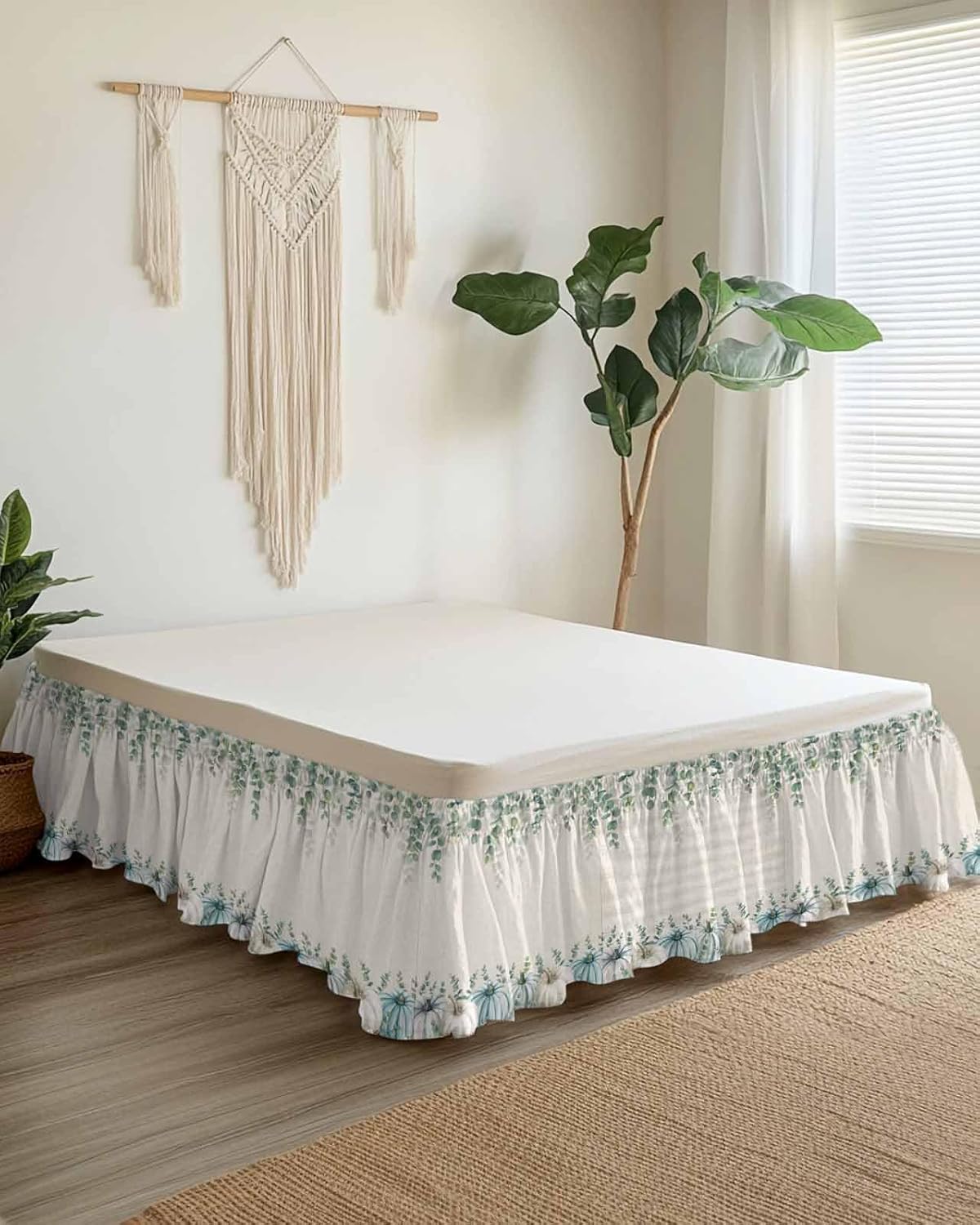 Thanksgiving Pumpkin Bed Skirt Queen Size 18 Inch Drop, Adjustable & Elastic Wrap Around Bed Skirts Pleated Luxury Dust Ruffles for Twin Full Queen Cal King Base Bed, Fall Eucalyptus Cotton Leaves