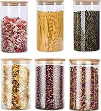 Glass Food Storage Jars Containers, Glass Storage Jar With Airtight Bamboo Lids Set Of 6 Kitchen Glass Canisters For Coffee, Flour, Sugar, Candy, Cookie, Spice And More - Clear