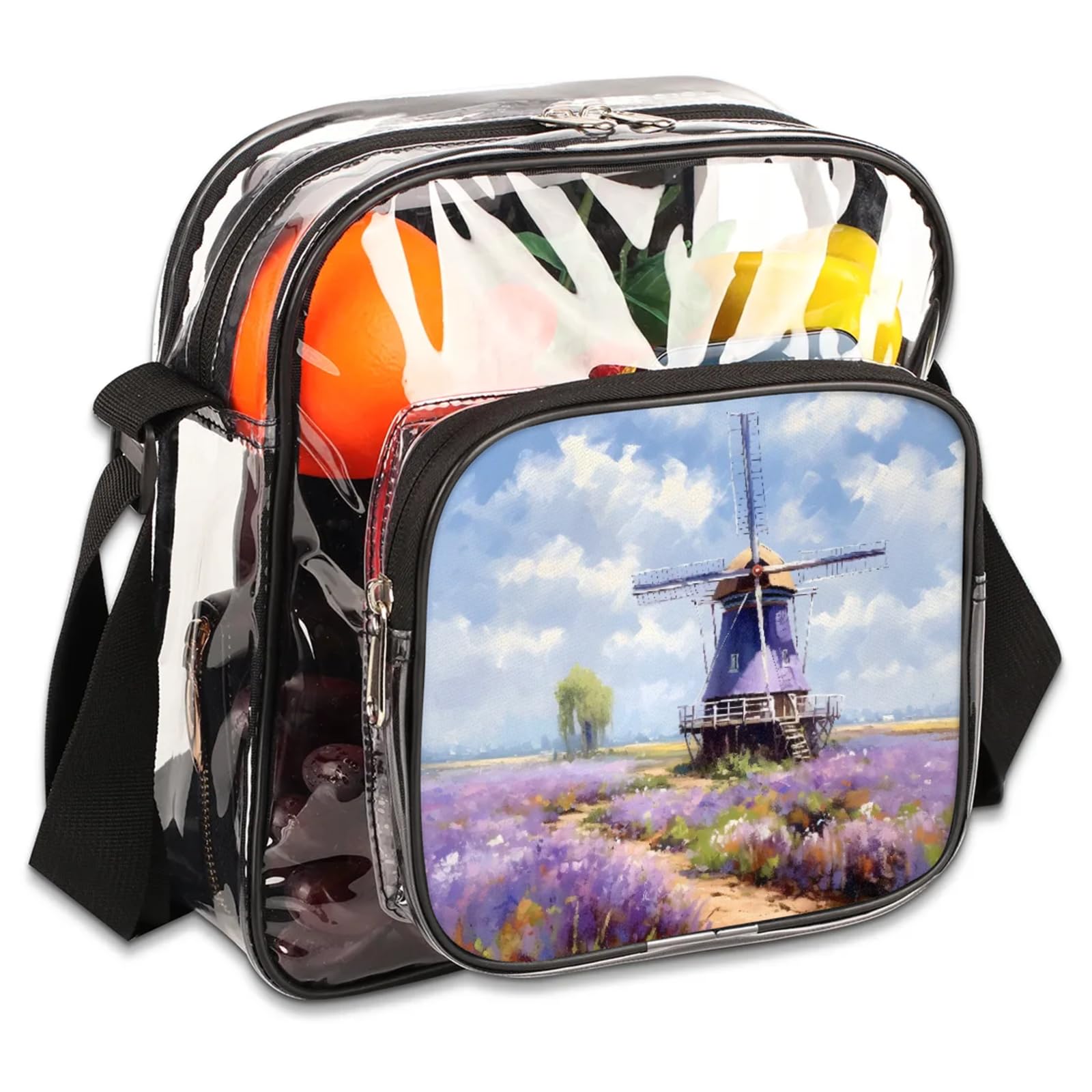 Clear Crossbody Bag Stadium Approved Windmill Transparent Bag for Festivals, Sports Events, Concerts,Beach Bag for Women Men Clear Purse with Front Pocket Messenger Bag with Adjustable Strap
