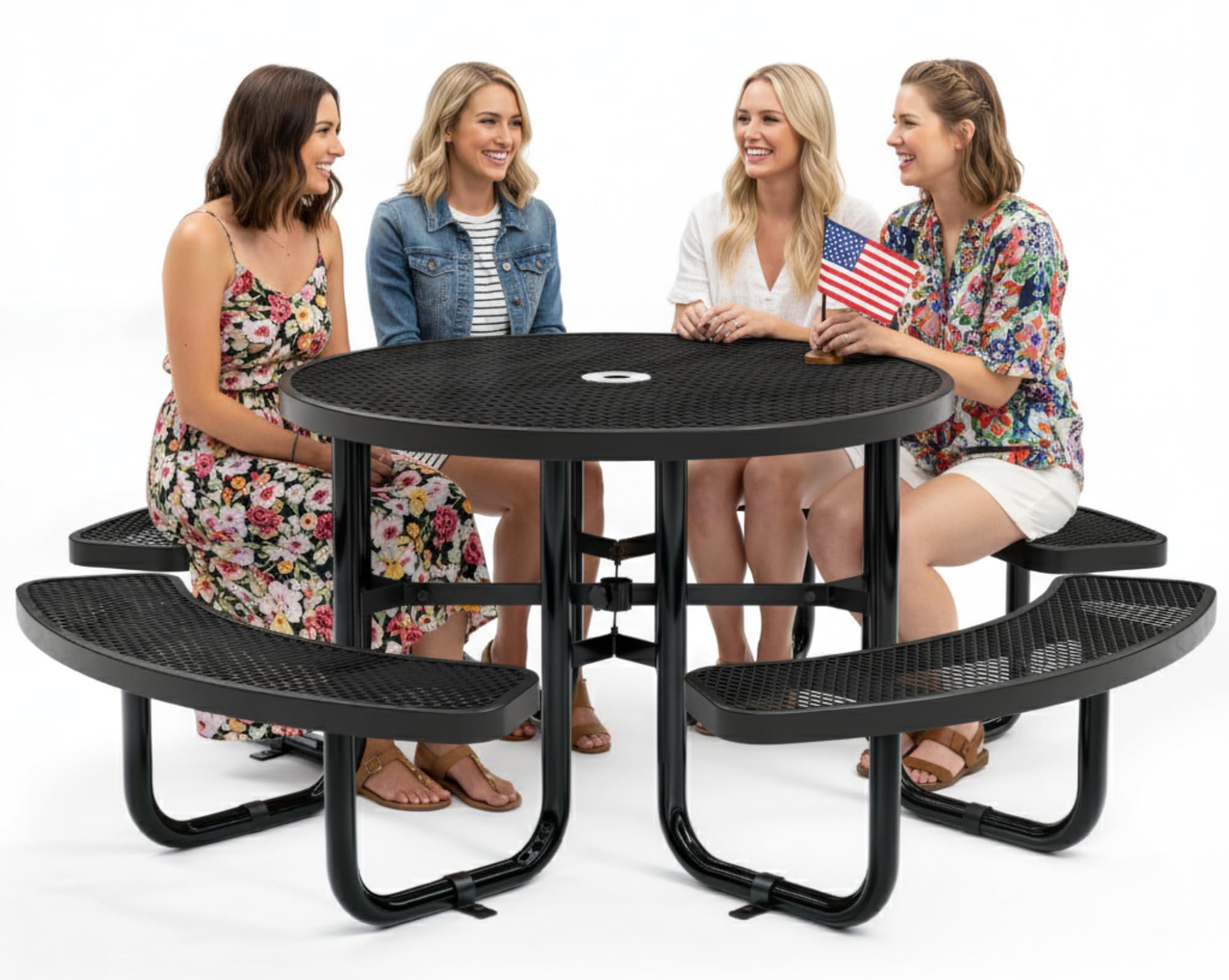 OUTTANS Metal Picnic Tables for Outdoors with Umbrella Hole - Coated Steel Heavy Duty Commercial Grade Furniture Set