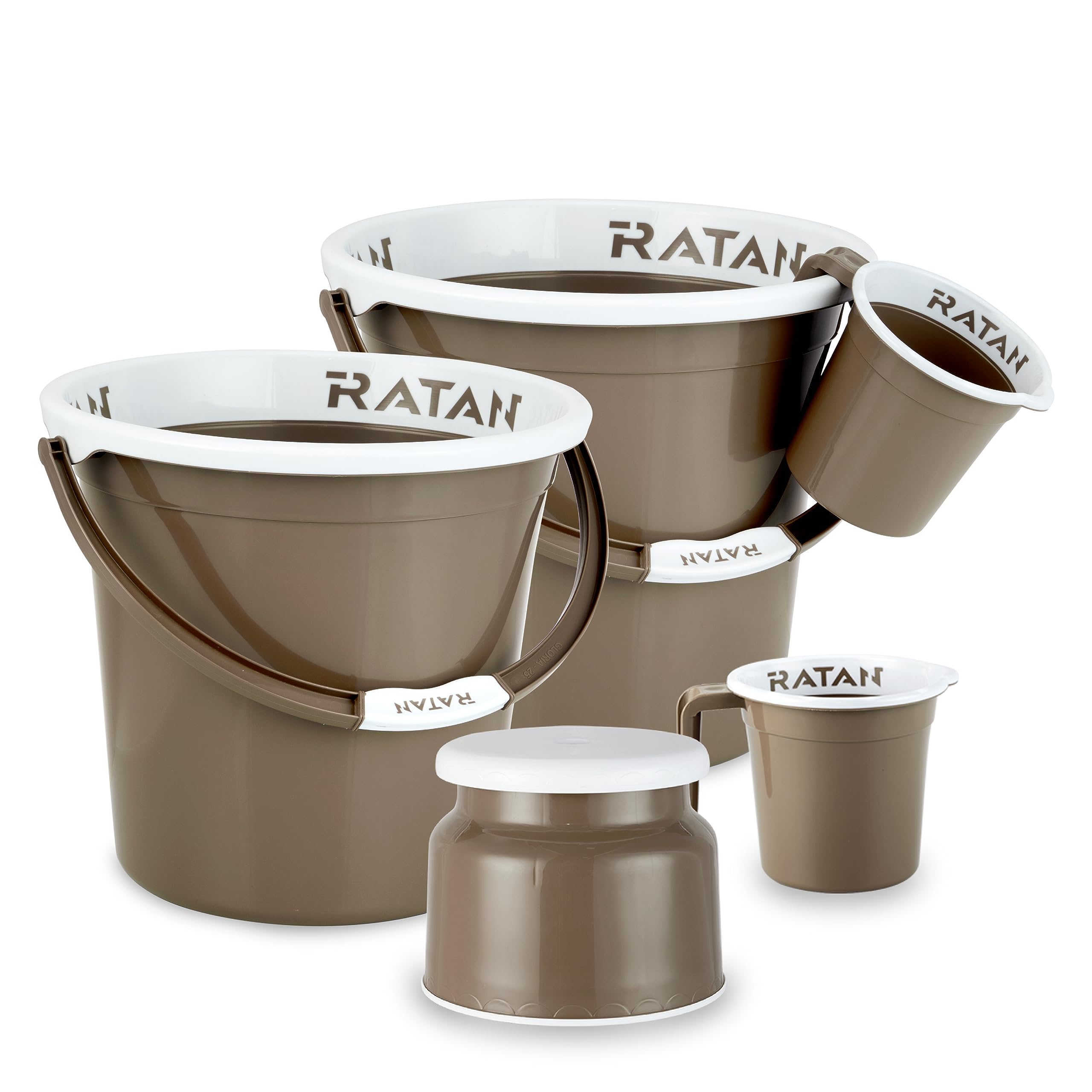 RATAN PLASTICWARE Plastic Bathroom Set of 5 Pieces Combo Pack Gloria Plain 25 Liters 2 Pieces Bucket + Nova Stool Patla 107 + Two Gloria Plain Bath Mug 1.5 Liters Color Light Brown