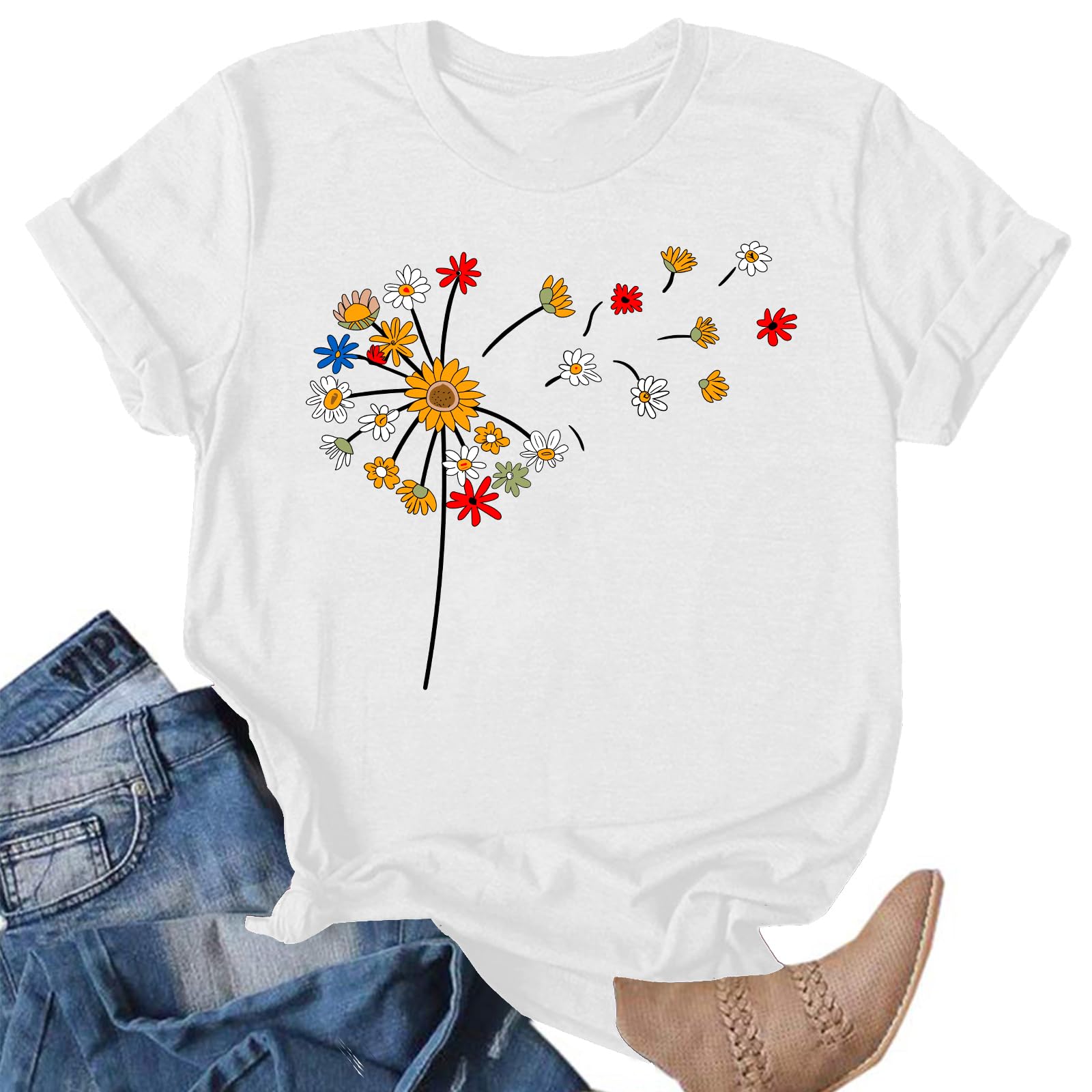 Pusteblume Shirts für Damen T-Shirt Mit Dandelion-Motiv Frauen Sommer Blume Muster Freizeit Kurzarm