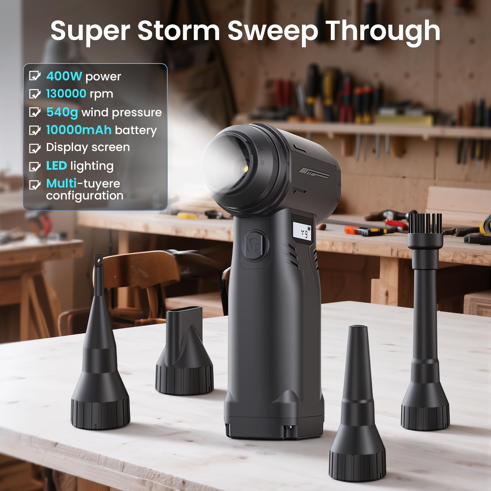 Elektrische Staubgebläse,9-Gang/400W Electric Air Duster 130000 U/min,540g Winddruck,mit LED-Licht&HD-Display, Typ-C Wiederaufladbare,für die Staubentfernung an Computern, im Haushalt, an Fahrzeugen