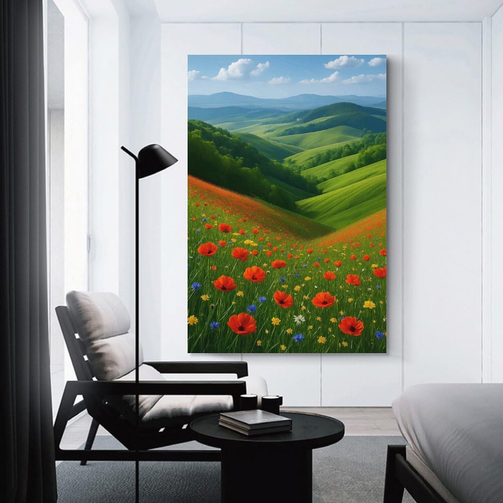 Junmoney Rolling Hills with Poppies Wall Art Print, 08x12inch(20x30cm), for Entryway, Lounge Links Or Small Walls, Decorative Wall Art for Narrow Spaces