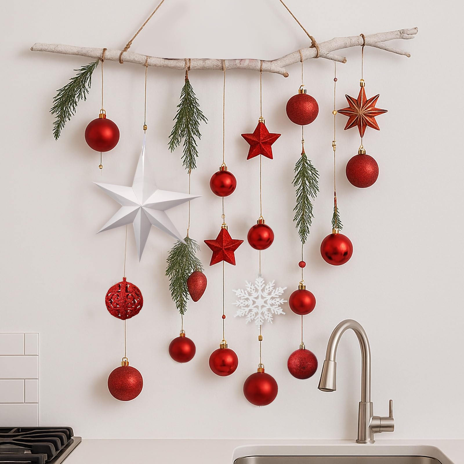 Halloscume Décoration murale de Noël à suspendre avec branche en bois clair - Décoration murale de Noël avec plantes artificielles - Décoration de cuisine et de salle à manger - Rouge