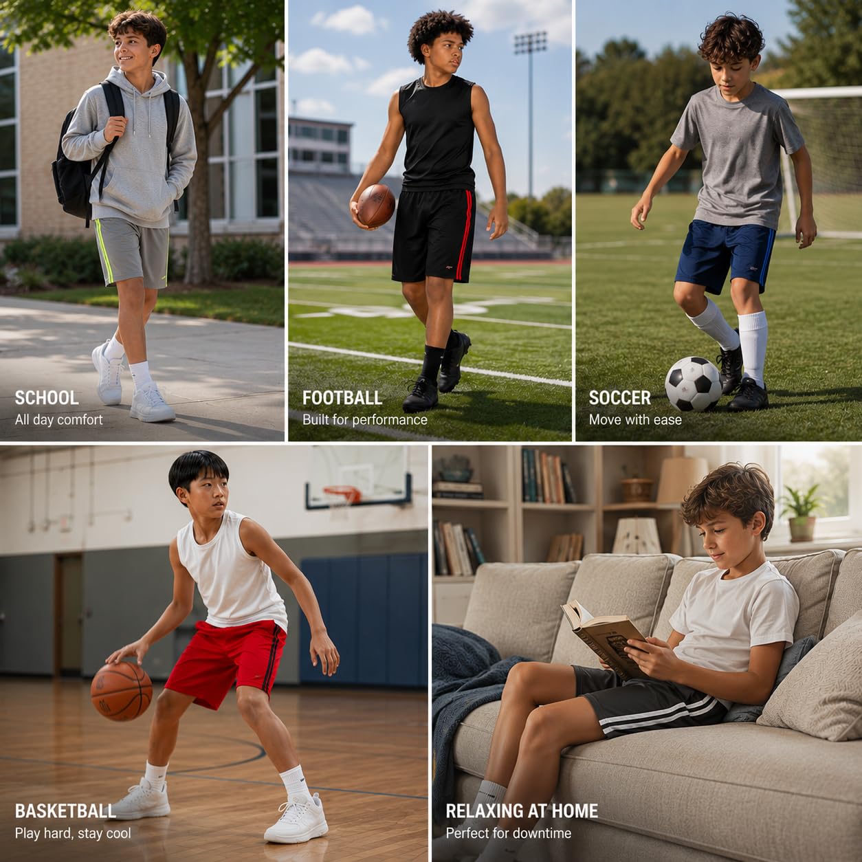 Essential Elements Paquete de 5 pantalones cortos de baloncesto con bolsillos para niños