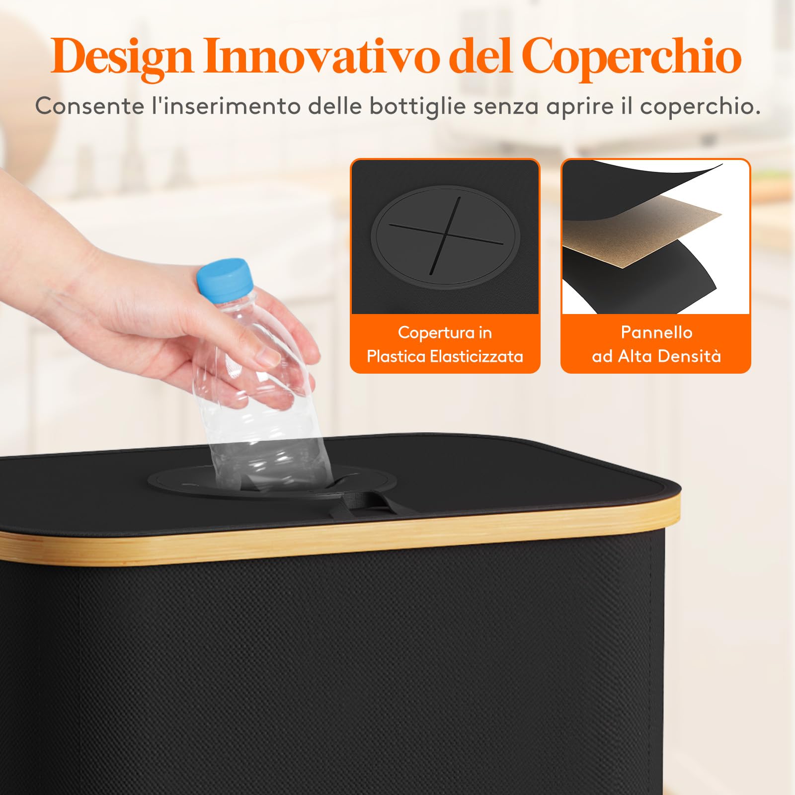 Lifewit Pattumiera Raccolta Differenziata 100 L Portatile, Contenitore per Bottiglie di Vetro e Plastica, Grande Bidone in Bambù per la Raccolta Selettiva, Nero