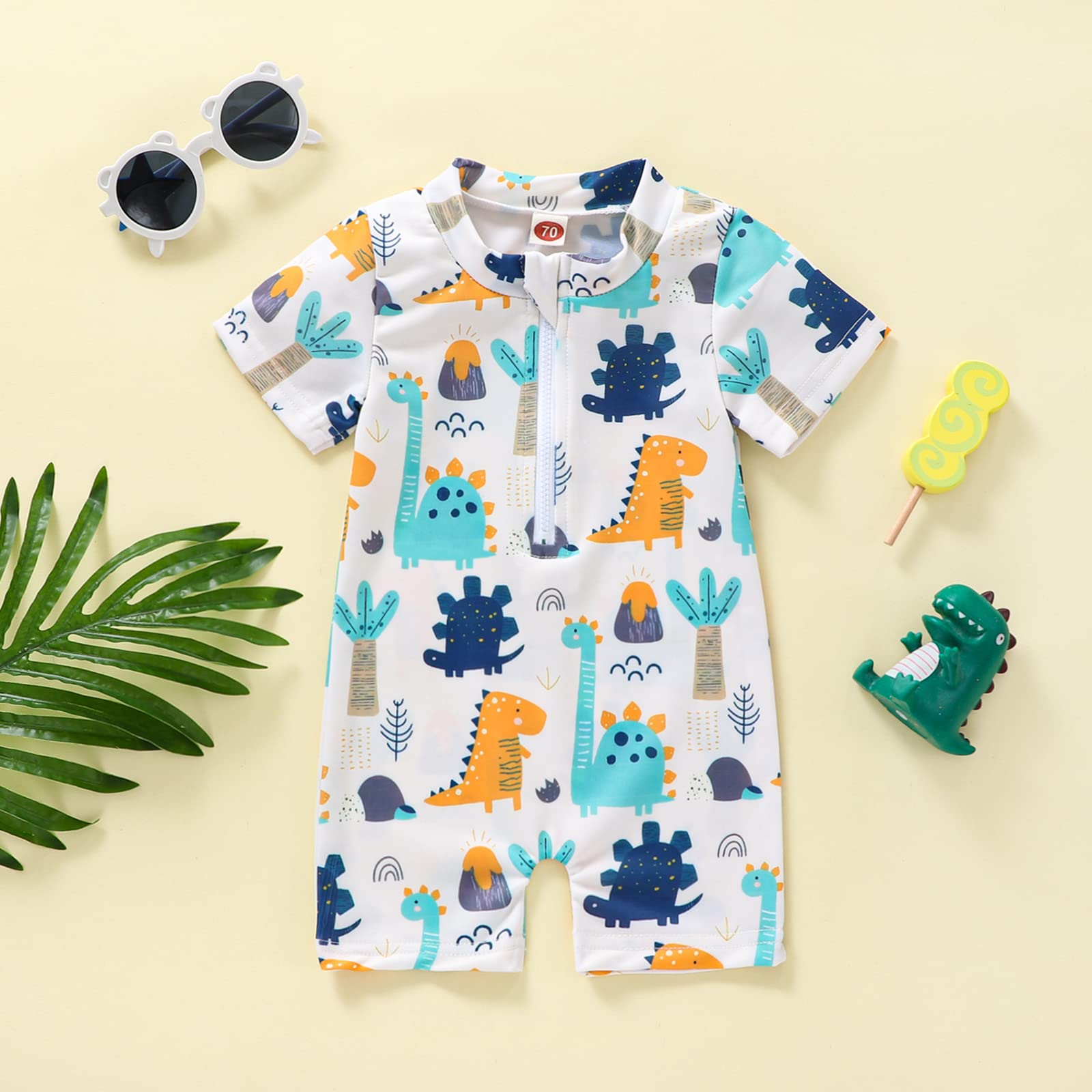 Finegoodwei Infant Baby Boy One Piece Swimsuit Short Sleeve Zipper Bathing Suit Toddler Rash Guard Swimwear Sunsuit (Dinosaur-Blue, 0-3 Months)