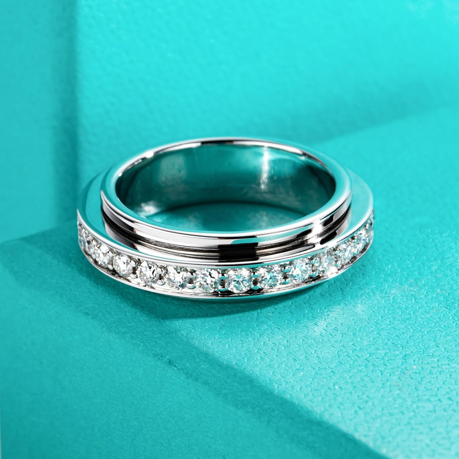 AnuClub Moissanite Gear Spinner Rings 2/2.5mm D Color VVS1 Moissanite Fidget Bands Eternity Rings for Women