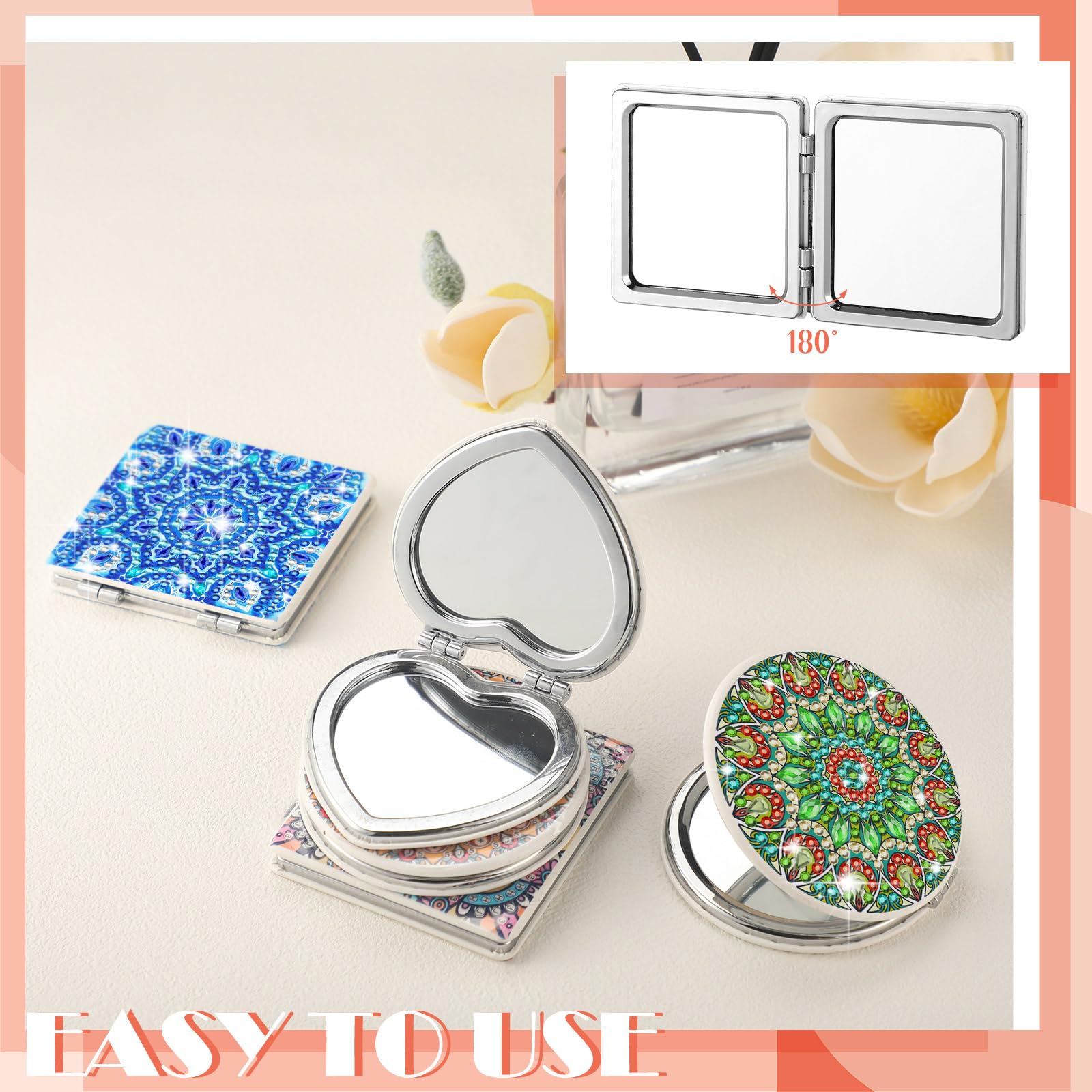 Thyle 6 piezas de pintura de diamantes compacto espejo de bolsillo con cubierta de pintura de diamantes, espejo portátil plegable con aumento de puntos de diamante kits de arte para mujeres y niñas,