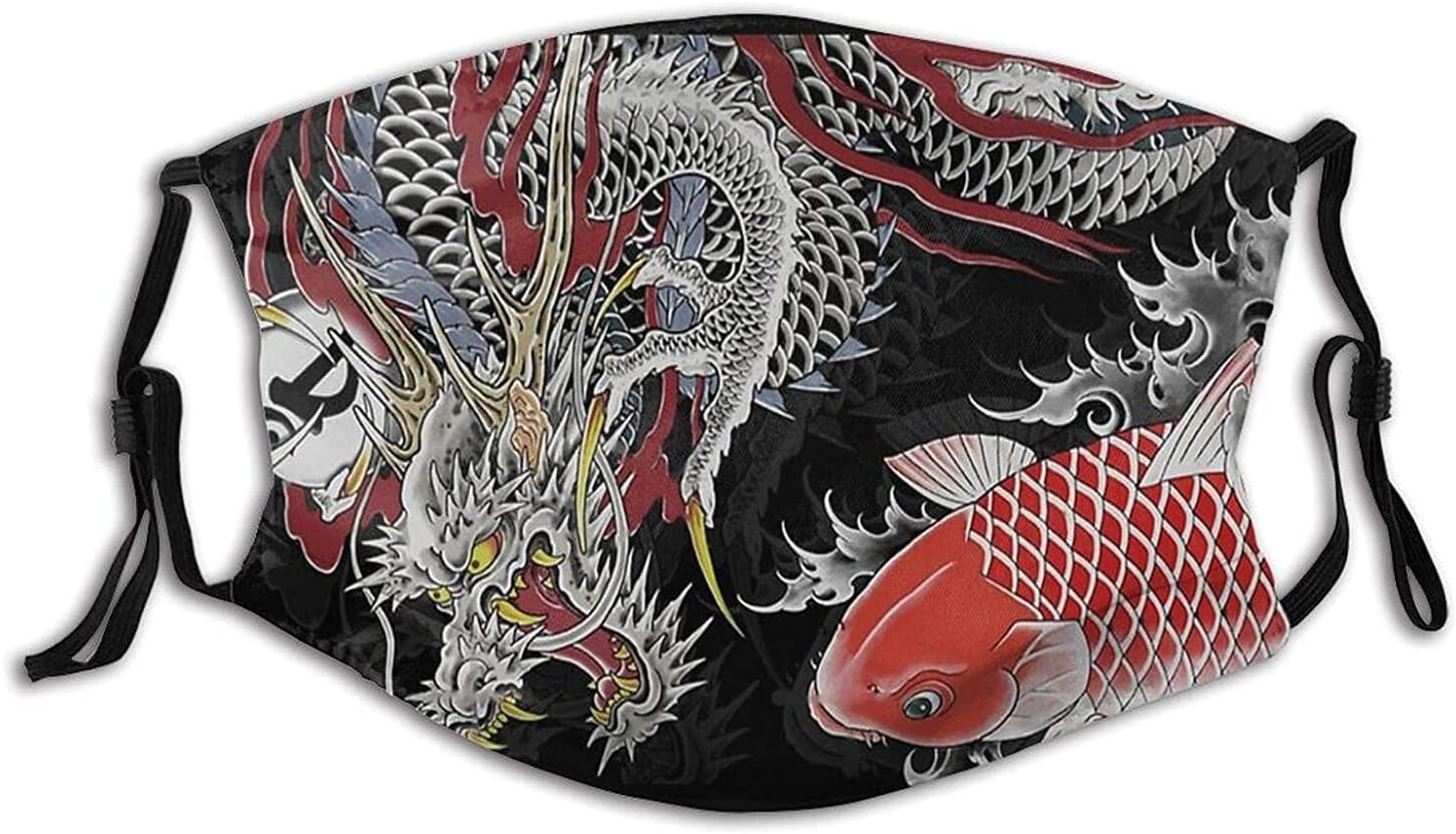 Koi and Dragon Tattoo Kiryu and Nishiki Face Mask with 2 Filter Washable Face Balaclava Windproof Dustproof Adjustable Mask Unisex