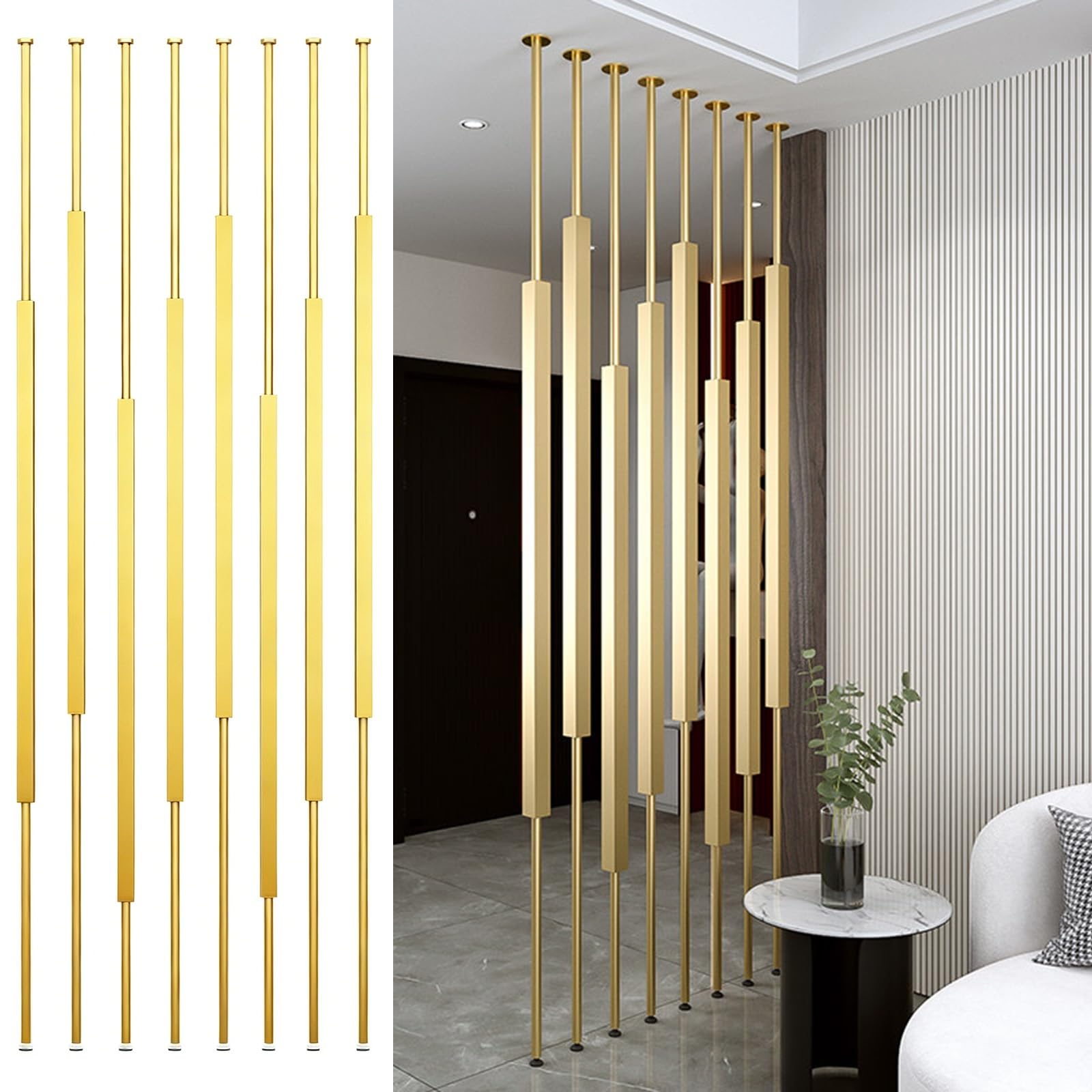 HAIXHX Minimalist Metal Column Room Divider, Floor Standing Square Slat Partition Screen, Decor Rooms Separator for Entrance Hall Living Space(Gold,61in/155cm)