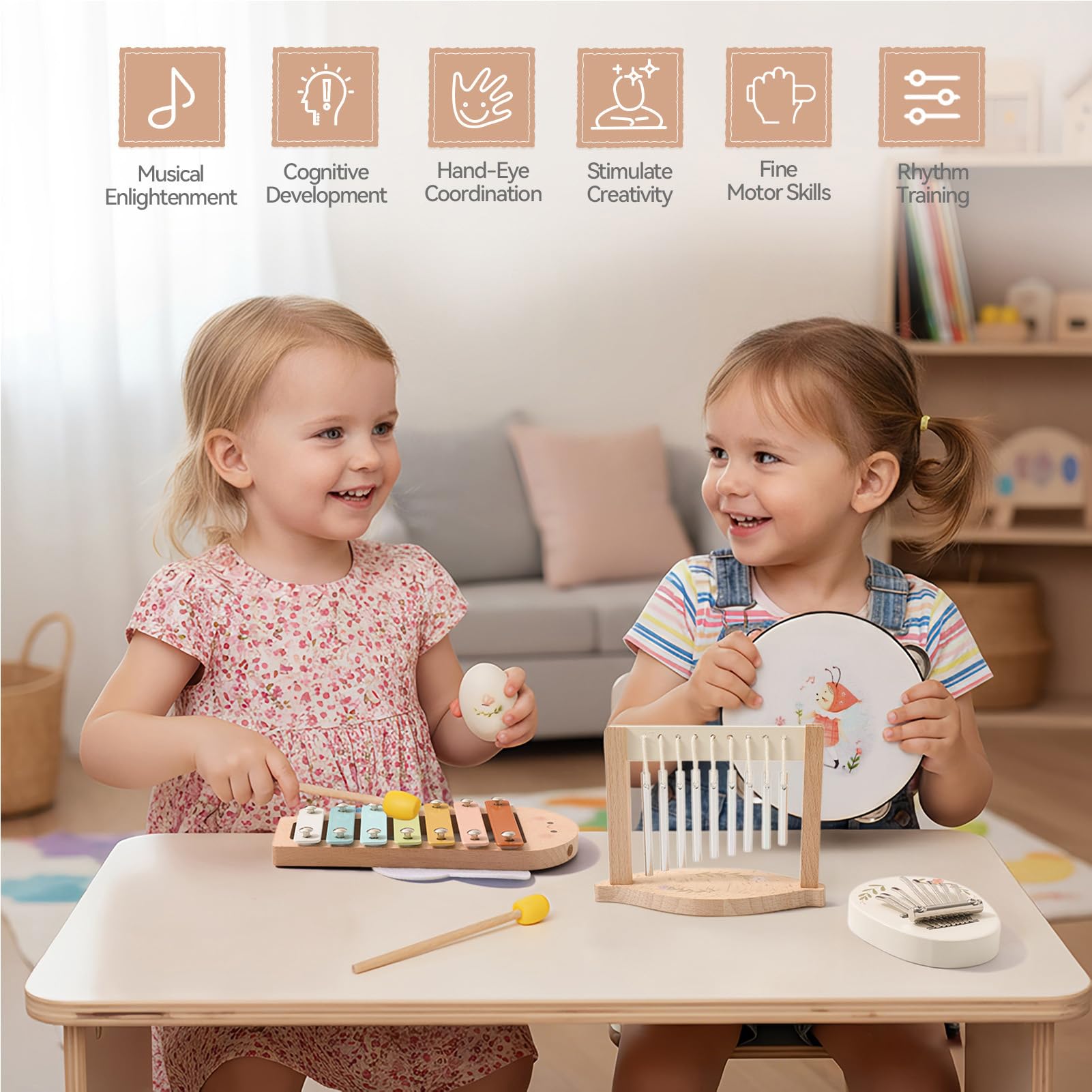 Montessori Juego de Instrumentos Musicales de Madera Pandereta de Madera Xilófono Maracas Campanilla de Viento Juguete Educativo de Música Temprana para Niños Pequeños