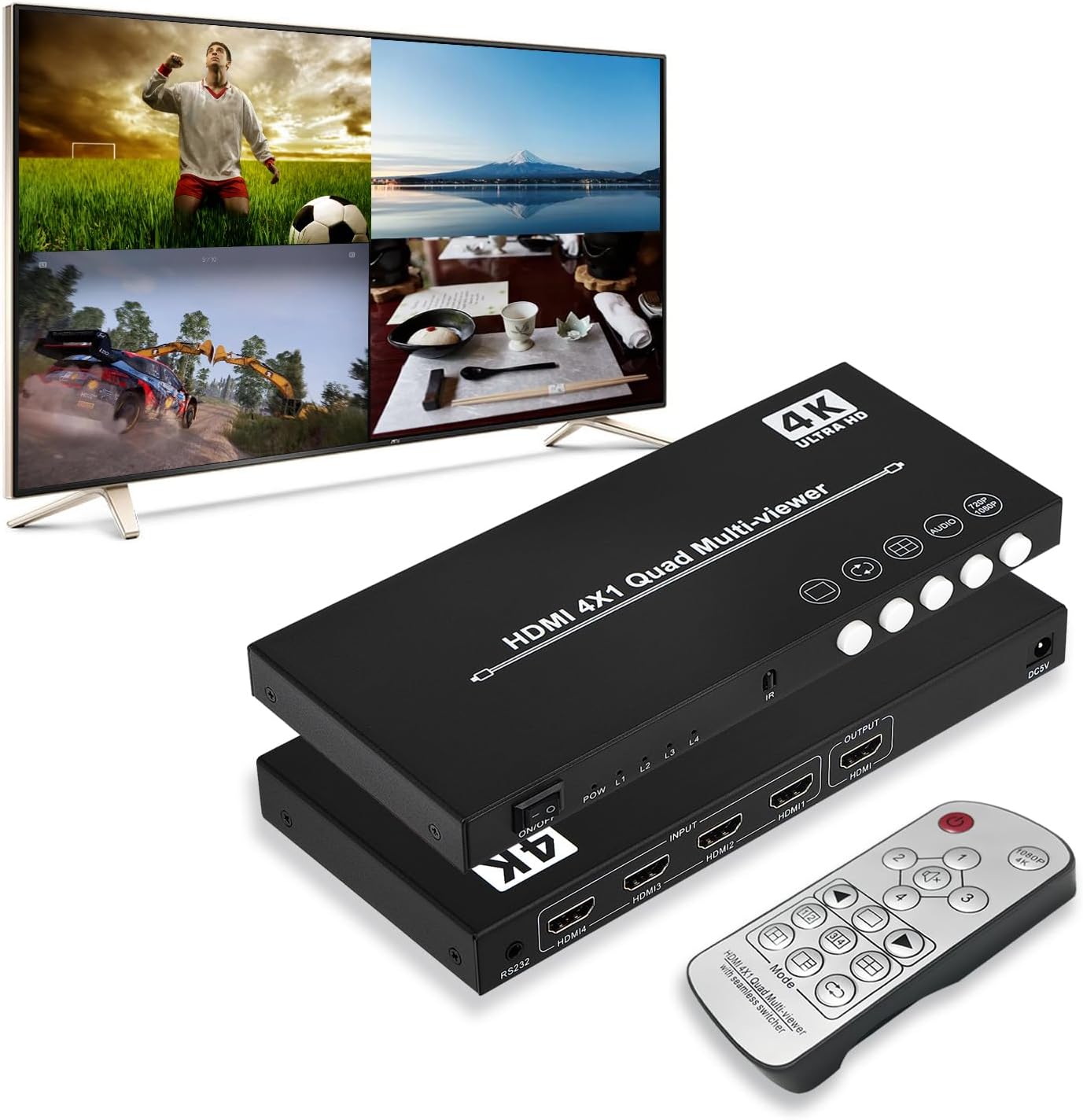 4K@30Hz HDMI Quad Multiviewer, 4 Input 1 Output HDMI Seamless Switch 4x1 Support 1080P Display multiviewer compatibile with DVD/Game Machine/Nintendo Switch/ ps4pro/ Apple TV/Projector Monitoring