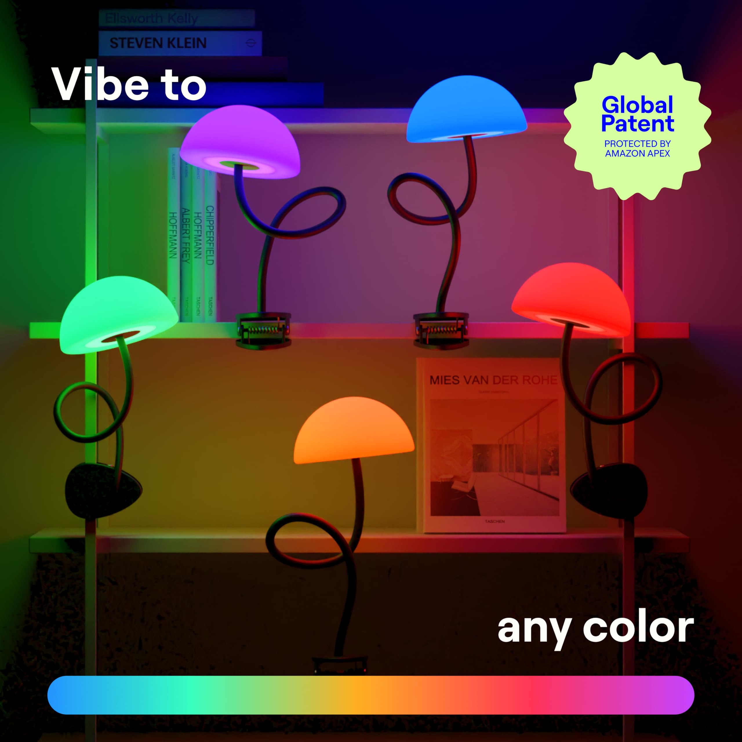 Shroommate Essential Clip On Bed Light - zagłówek i lampka na stolik nocny, elastyczna lampa do czytania, lampka nocna do pokoju dziecięcego, klips na biurko, wielokolorowe diody LED, adapter w