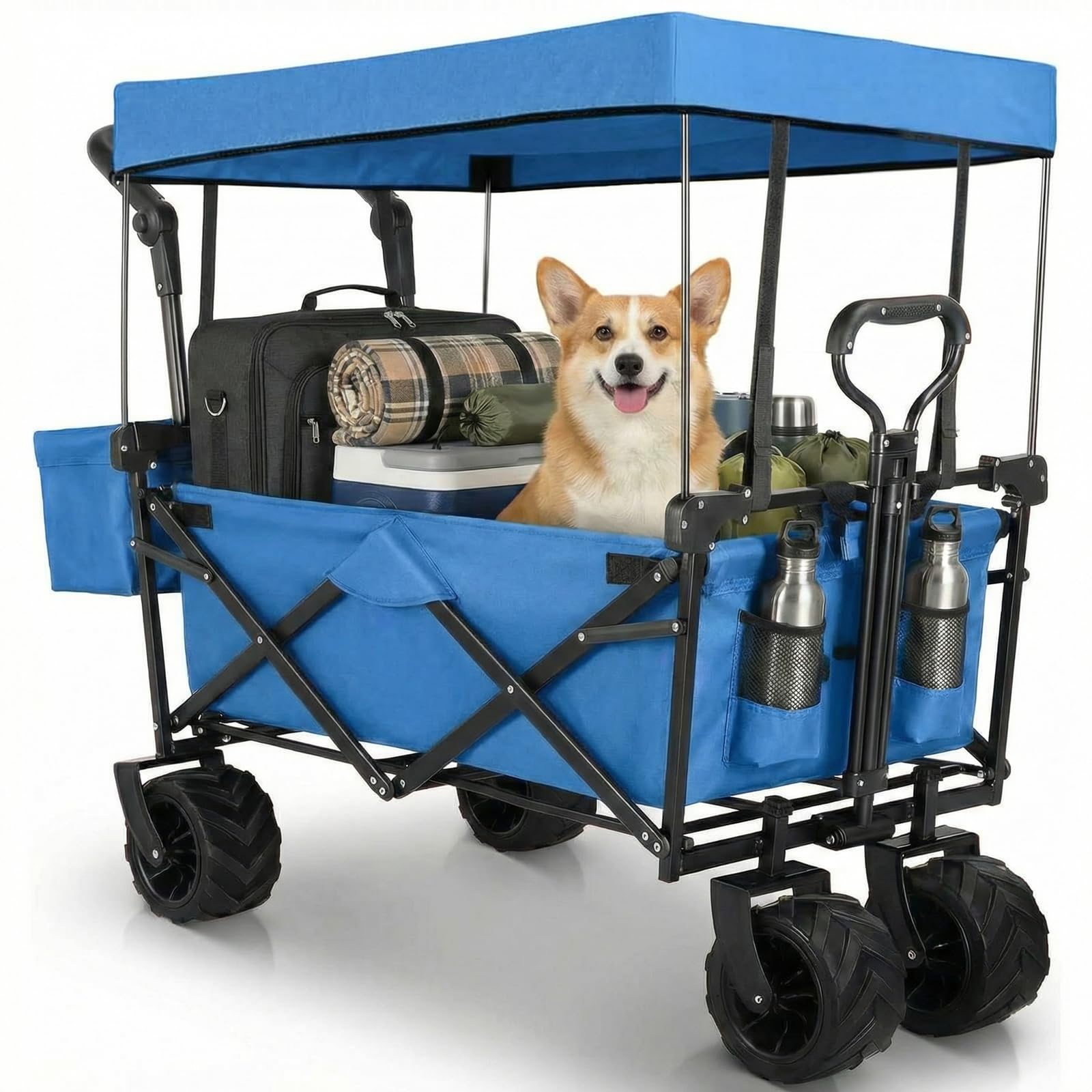 AthLike Extra Large Collapsible Wagon w/Removable Canopy, 250LBS/262L Heavy Duty Foldable Trailer w/ 7“ All-Terrain Wheels, Adjustable Handles, Outdoor Utility Garden Cart for Beach, Camping (Blue)