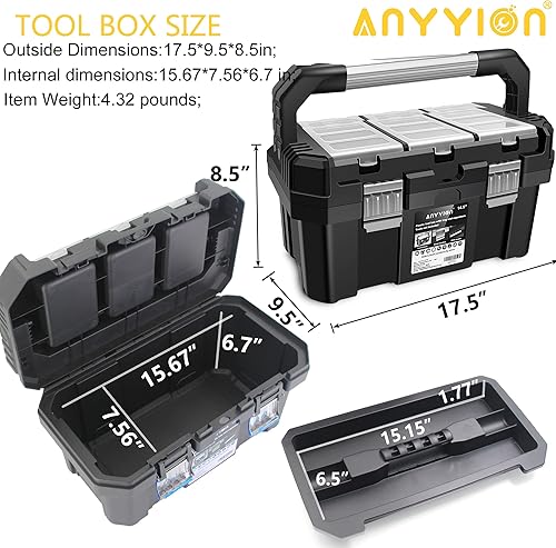 Miniatura 2 de Anyyion Caja de herramientas de 17 pulgadas con bandeja extraíble con doble bloqueo de acero inoxidable asegurado, caja de piezas pequeñas, mango de