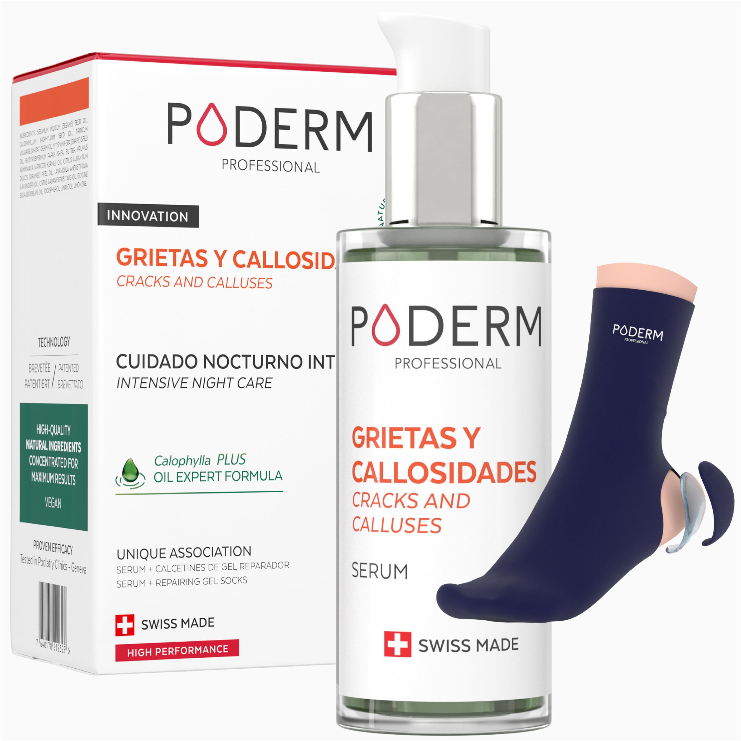 PODERM - GRIETAS Y CALLOSIDADES - Repara y calma las grietas/Nutre y Suaviza las callosidades - CUIDADO INTENSIVO NOCTURNO 8H - Ingredientes 100% Naturales - Cuidado de los pies - Swiss Made