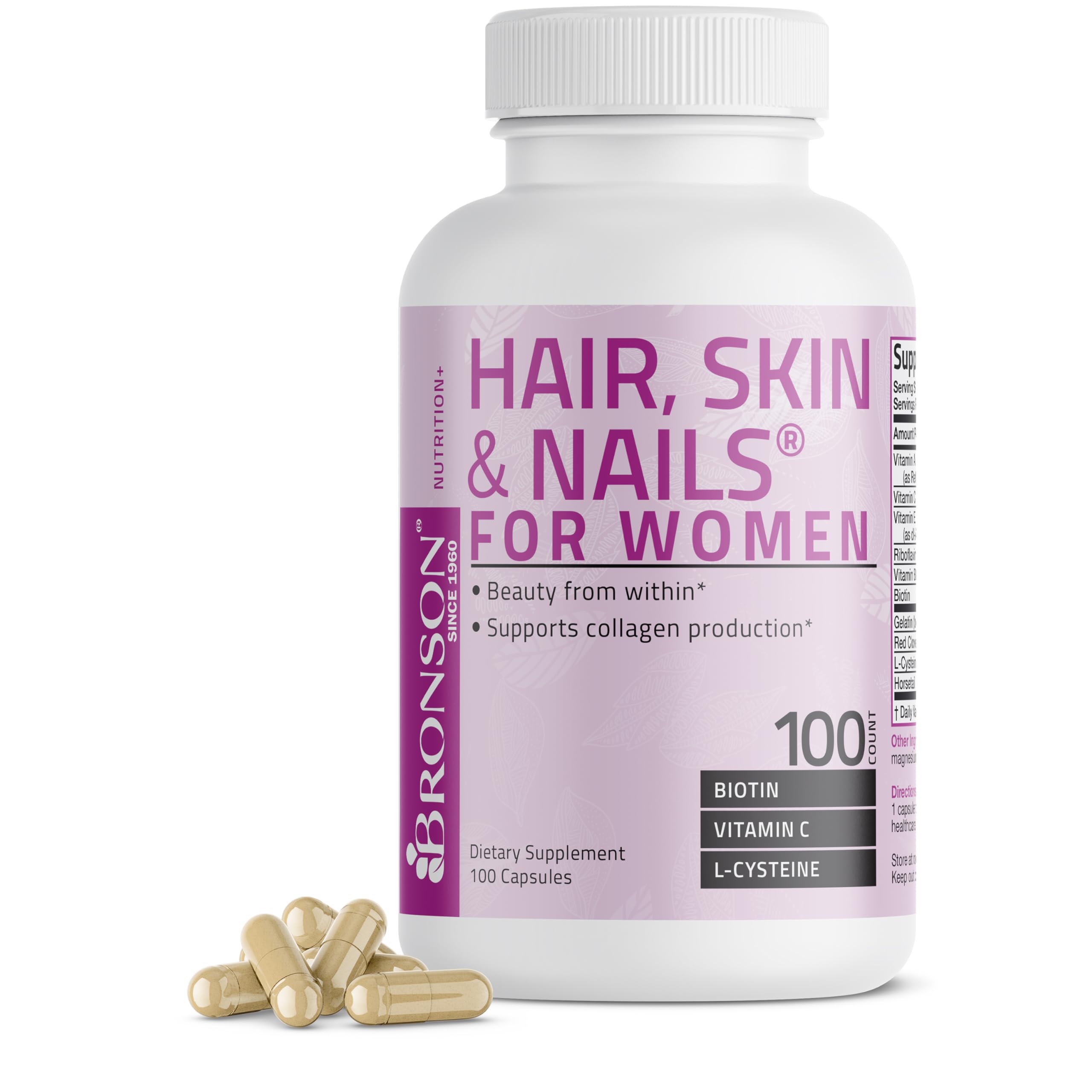Bronson Hair, Skin & Nails with Biotin Extra Strength Vitamin Supplement for Women, 100 Capsules — Amazon image 5