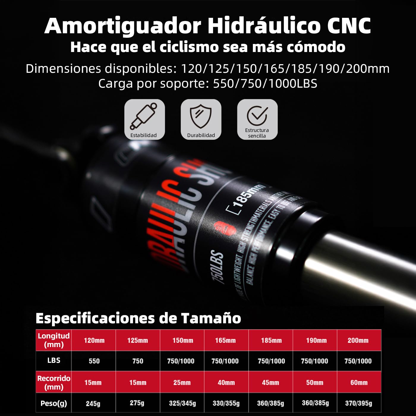 Amortiguador Trasero Bicicleta,Amortiguador Hidráulico 120mm 125mm 150mm 165mm 185mm 190mm 200mm, Suspensión Trasera Bici para Montaña,Scooter,Patinete Electrico,ebike,Eléctrica,165x750Lbs.