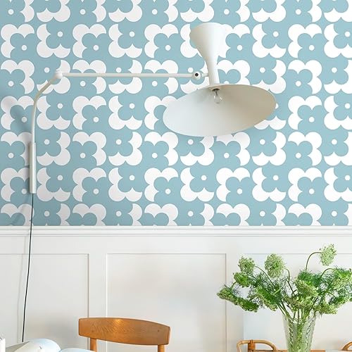 Miniatura 6 de Ismoon Papel tapiz geométrico para despegar y pegar, papel de contacto bohemio azul y blanco, 118 x 17.3 pulgadas, papel tapiz floral moderno,