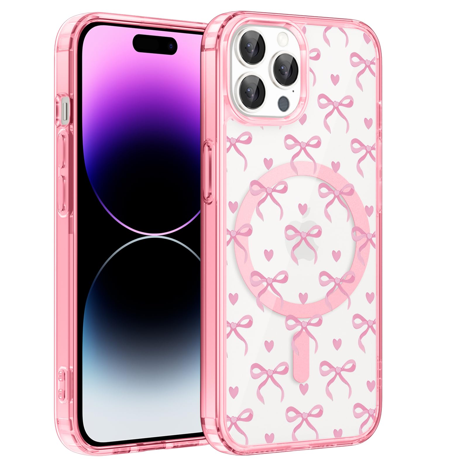 Magnetic Cute Bow for iPhone 14 Pro 6,1'' [Compatible with MagSafe] Exquisite Pink Bow Heart Pattern Design Phone Case for Women Girls Slim Durable